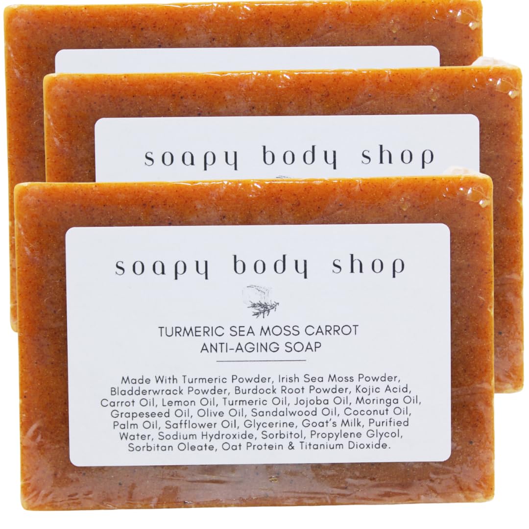 Turmeric Sea Moss & Kojic Acid Soap Bar - Dark Spot Remover, Skin Brightening & Anti-Aging Treatment with Bladderwrack & Burdock Root - Irish Sea Moss Soap for Even Skin Tone (3 Pack) - Perfect for Daily Face & Body Cleansing & Acne-Prone Skin Care