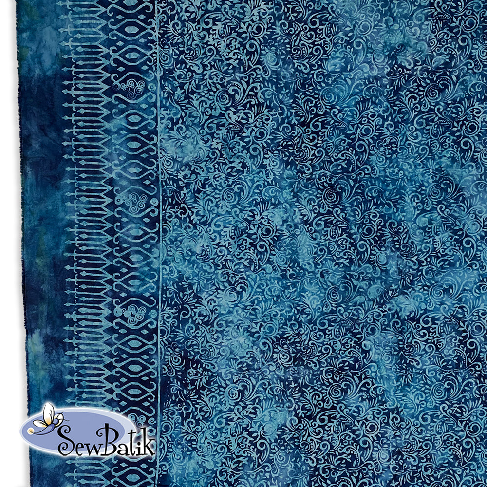 115 Wide Batik Double Border Phoenix Copen Blue - Elegant Handmade Batik Fabric for Home Decor, Clothing & Craft Projects | Perfect for Curtains, Dresses, and DIY Art