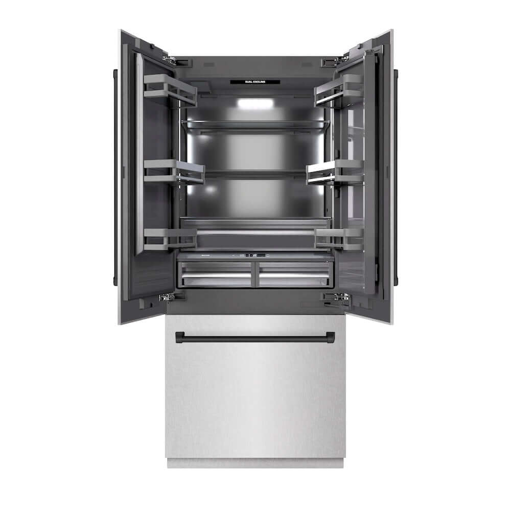ZLINE Autograph Edition 36 Inch 19.6 cu ft French Door Built-In Bottom Freezer Refrigerator with Water Dispenser & Ice Maker - Satin Stainless Steel, Graphite Gray Interior & Matte Black Accents (GRBIVZ SN 36 MB) - Perfect for Modern Kitchens & Luxury Homes