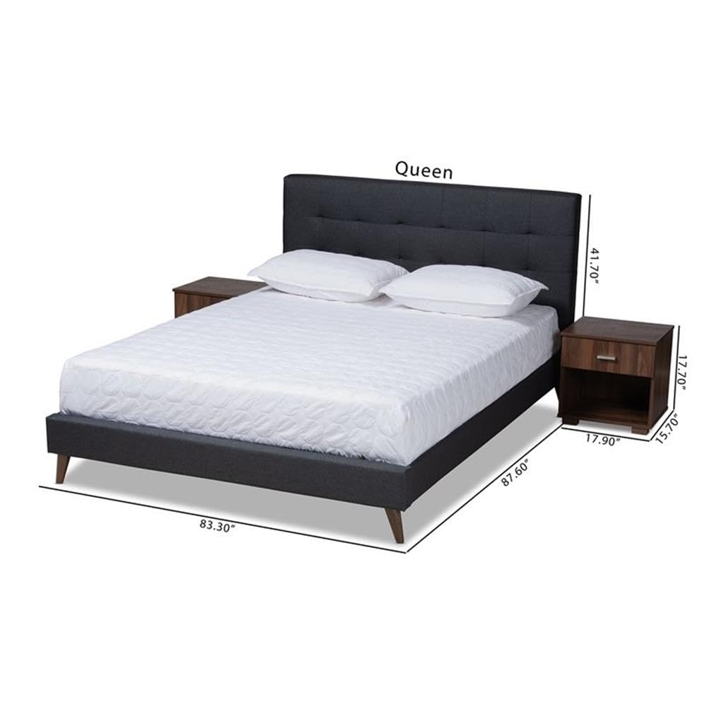 BOWERY HILL Queen Size Dark Grey Platform Bed Frame with 2 Nightstands - Modern Bedroom Furniture Set for Small Spaces & Guest Rooms