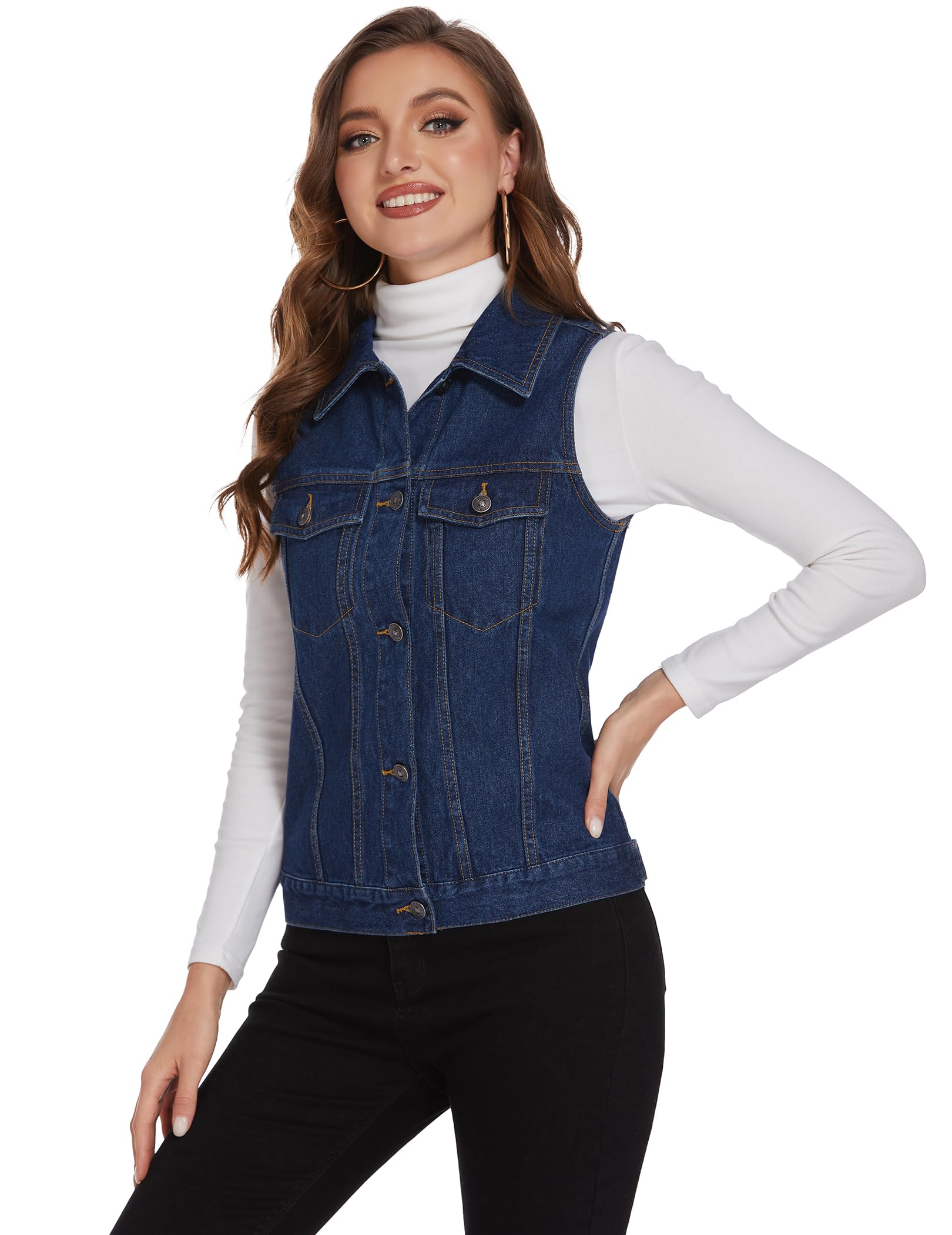 Women's Casual Denim Vest Sleeveless Jean Jacket with Chest Pockets - Navy Blue Small | Stylish Layering Piece for Spring & Summer Outfits, Perfect for Music Festivals & Streetwear Looks