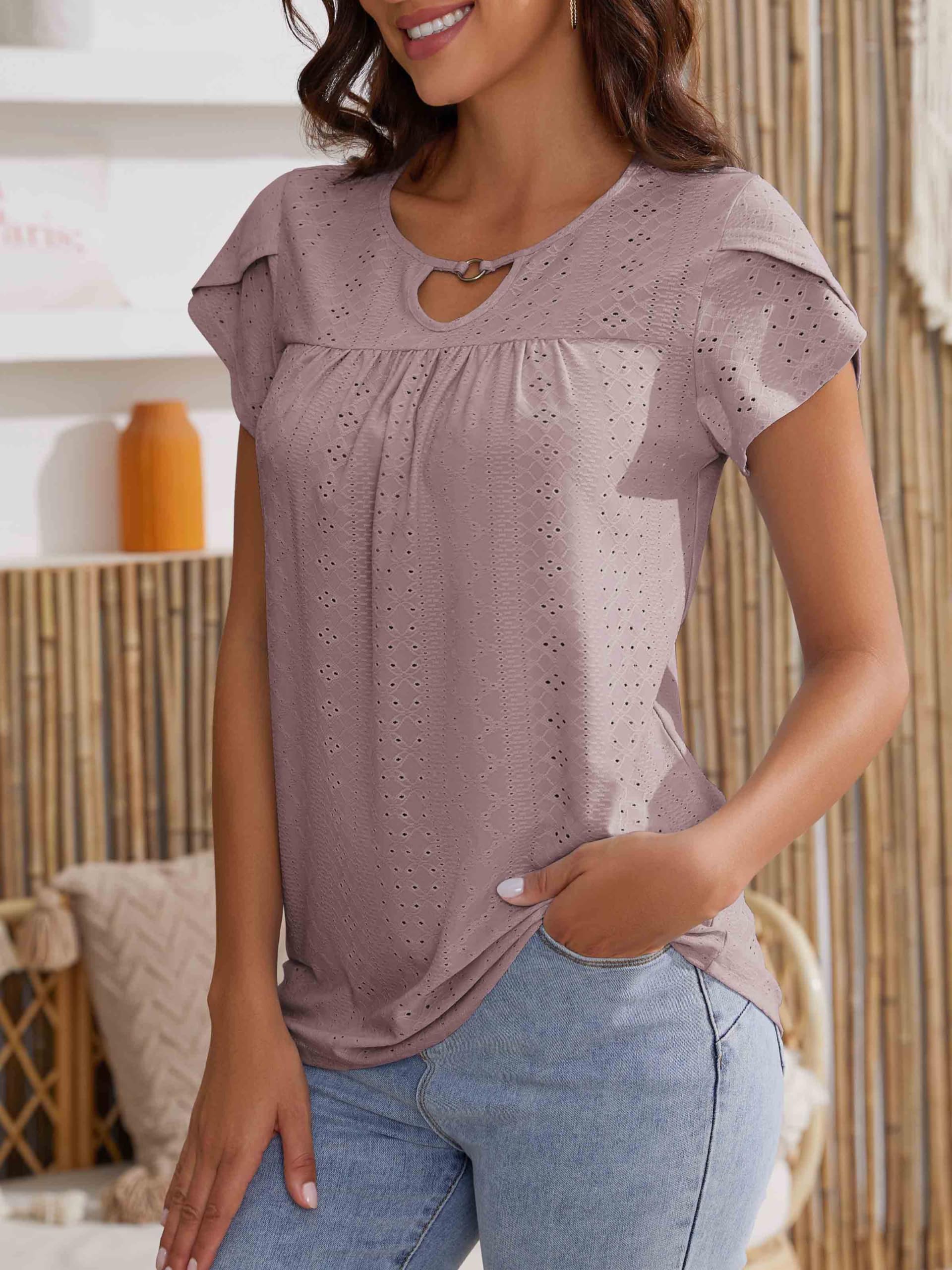 Women's Casual Short Sleeve Pleated Blouse - Flowy Petal Sleeve Loose Top for Work, Date Night & Summer Outfits | Neineiwu Fashion