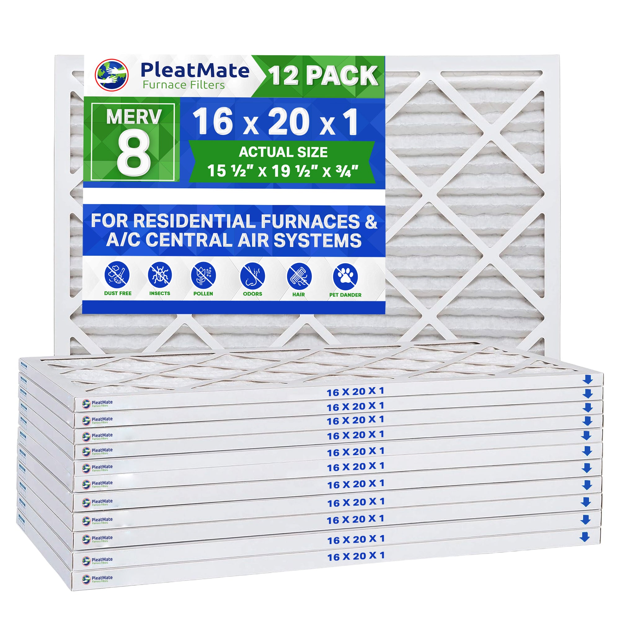 16x20x1 MERV 8 Pleated Air Filters - Case of 12 | High Efficiency Furnace & AC Filters for Home, Office & Commercial Use | Dust & Allergen Reduction