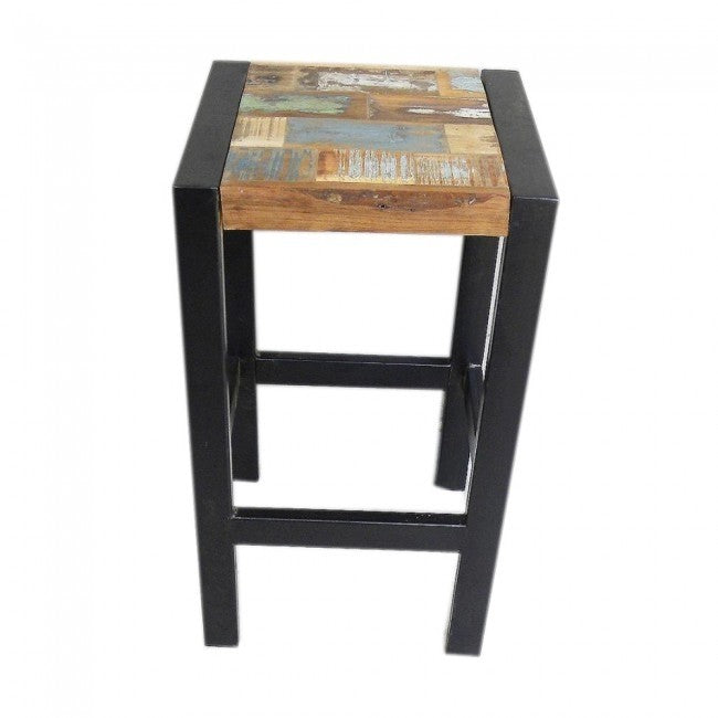French Industrial Reclaimed Wood Bar Stool Set - Rustic Pub & Kitchen Counter Height Stools for Home, Cafe, and Restaurant Decor