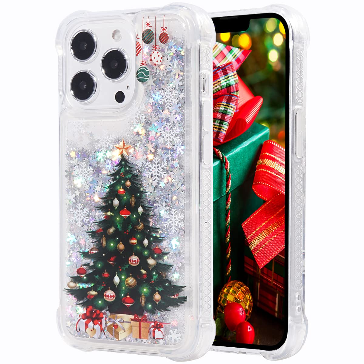 Christmas Tree Glitter Phone Case for iPhone 13 Pro Max - Clear Soft TPU Rubber Bumper, Holiday Cute Girly Women's Protective Cover | Perfect for Christmas Parties, Gift Giving & Festive Celebrations