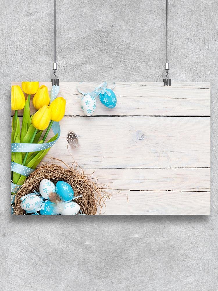 Easter Eggs and Yellow Tulips Spring Wall Art Poster - Perfect for Home Decor, Easter Party, Nursery & Office Wall Decoration
