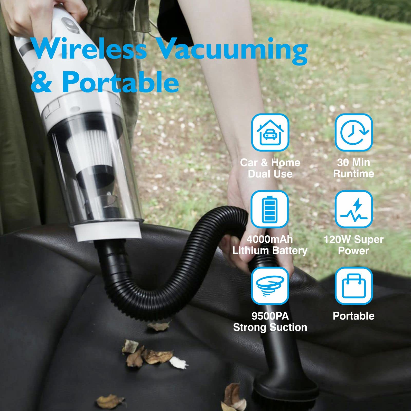 MOCA 9500PA Powerful Cordless Car Vacuum Cleaner - 9500PA High Suction Portable Handheld Vacuum, USB Rechargeable Wet/Dry Vacuum for Home, Car & Tight Spaces - White - Perfect for Quick Car Cleaning & Hard-to-Reach Areas