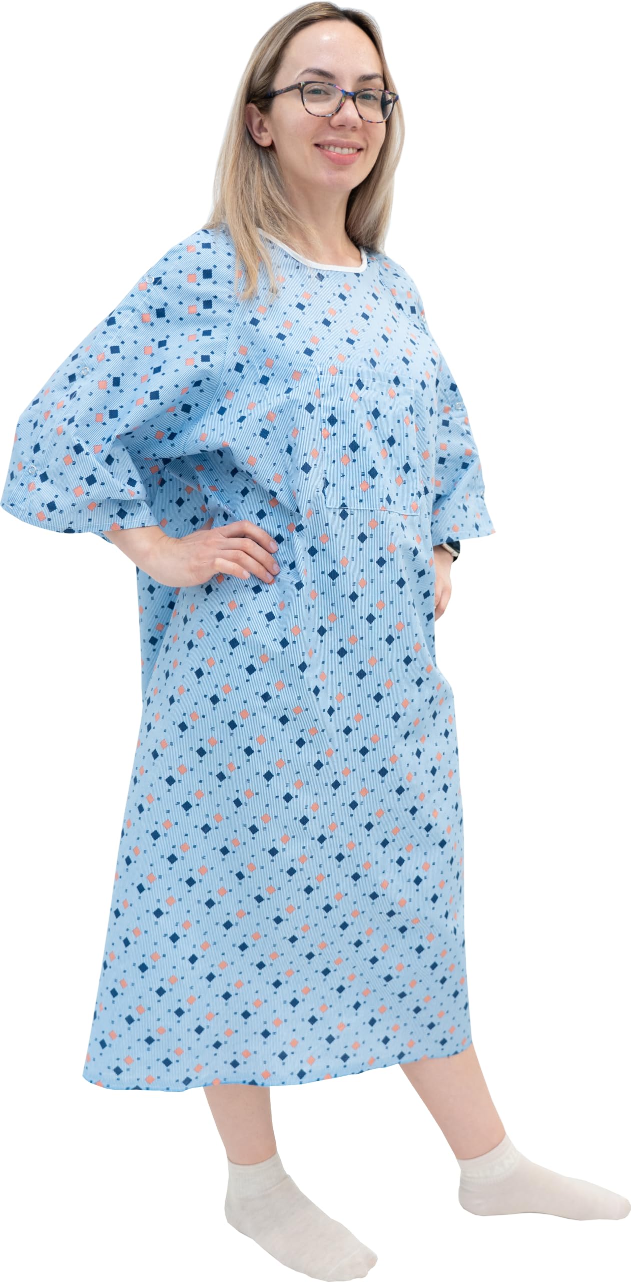 AMU Solutions 3 Pack Unisex Hospital Gowns with IV Snap Sleeves - Comfortable Patient Gowns Fits up to 2XL - Diamond Pattern Blue - Ideal for Hospital Visits, Medical Procedures & Home Care