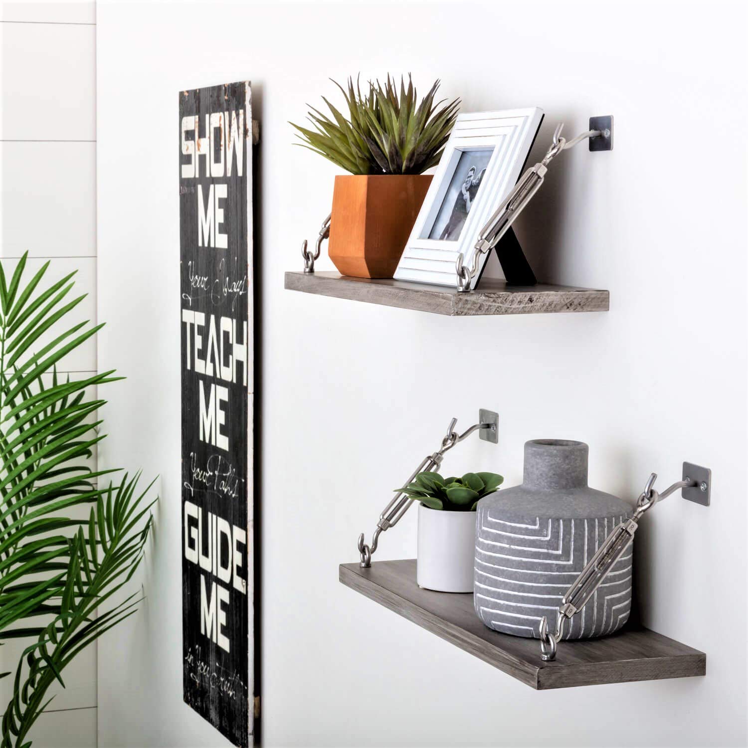 Rustic Grey Floating Shelves Set of 2 - Wall Mounted Wooden Hanging Shelves for Bathroom, Kitchen, Living Room & Bedroom Storage with Industrial Hardware | Perfect for Home Decor, Organizing Essentials & Displaying Decorations