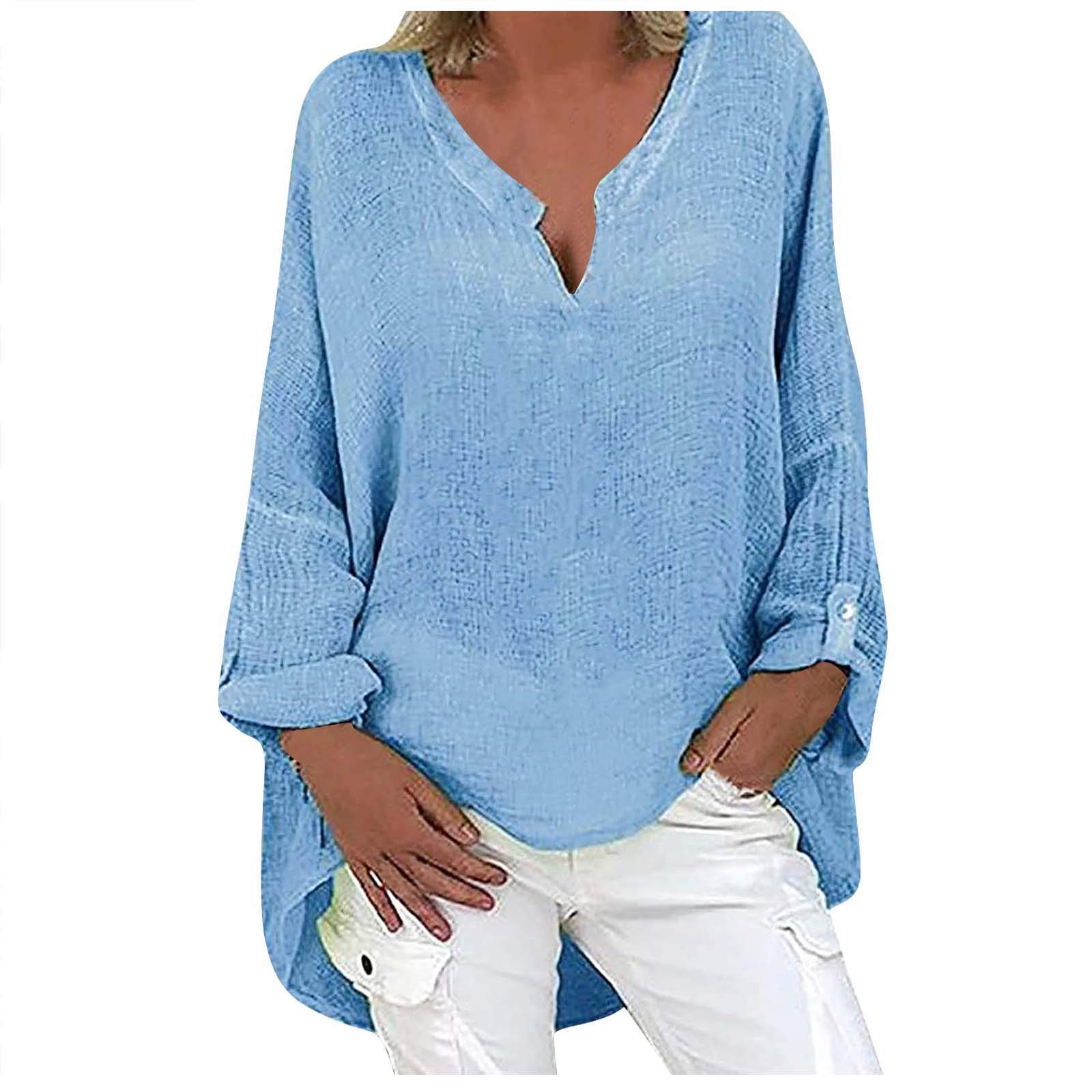 Women's Floral Print V-Neck Long Sleeve Blouse - Dressy Casual Roll Up Shirt for Summer, Loose Fit Tops for Work, Date Night & Outdoor Activities