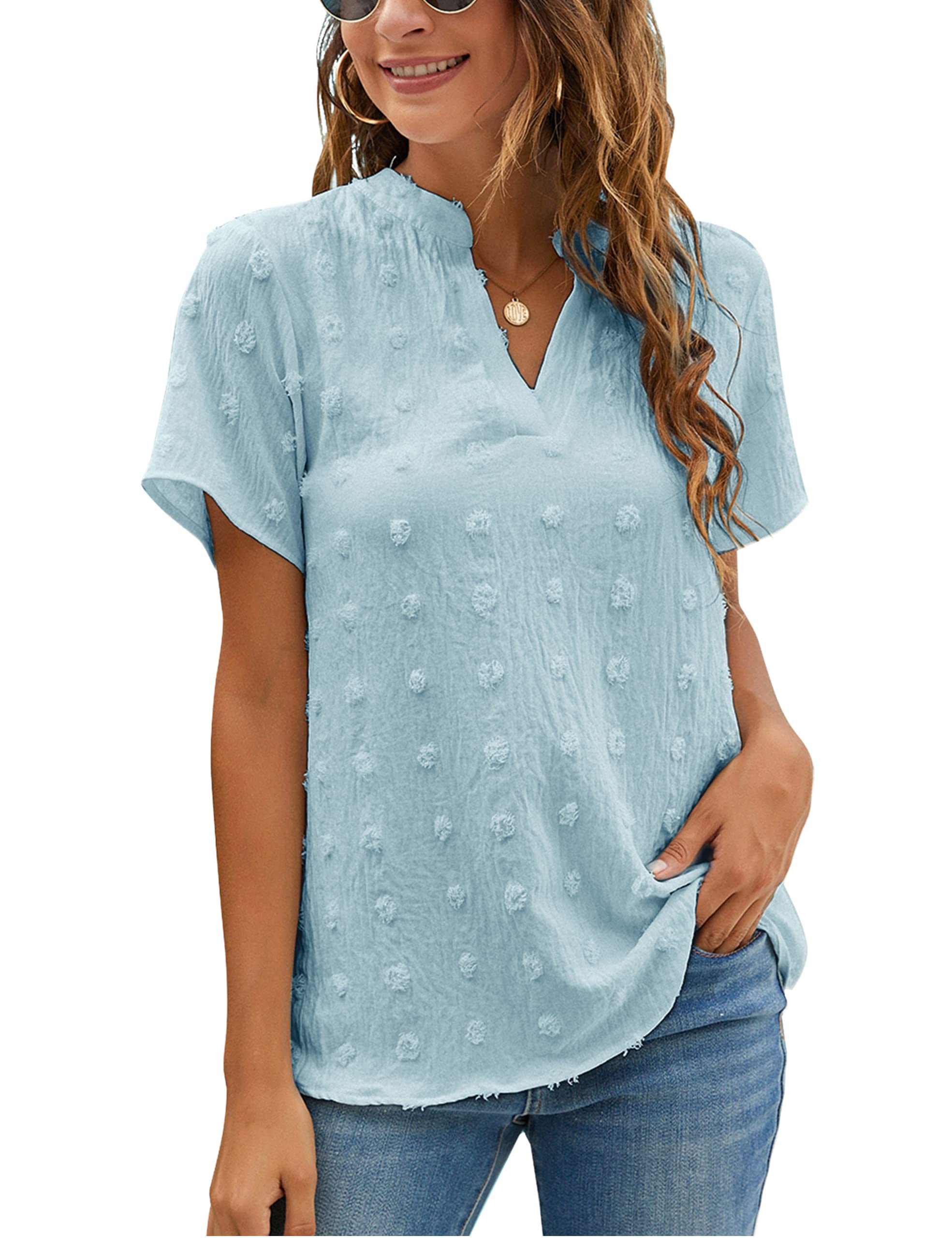 Women's White Chiffon Blouse Short Sleeve V-Neck Summer Casual Polka Dot Top - Breathable & Elegant for Office, Date Night & Outdoor Events