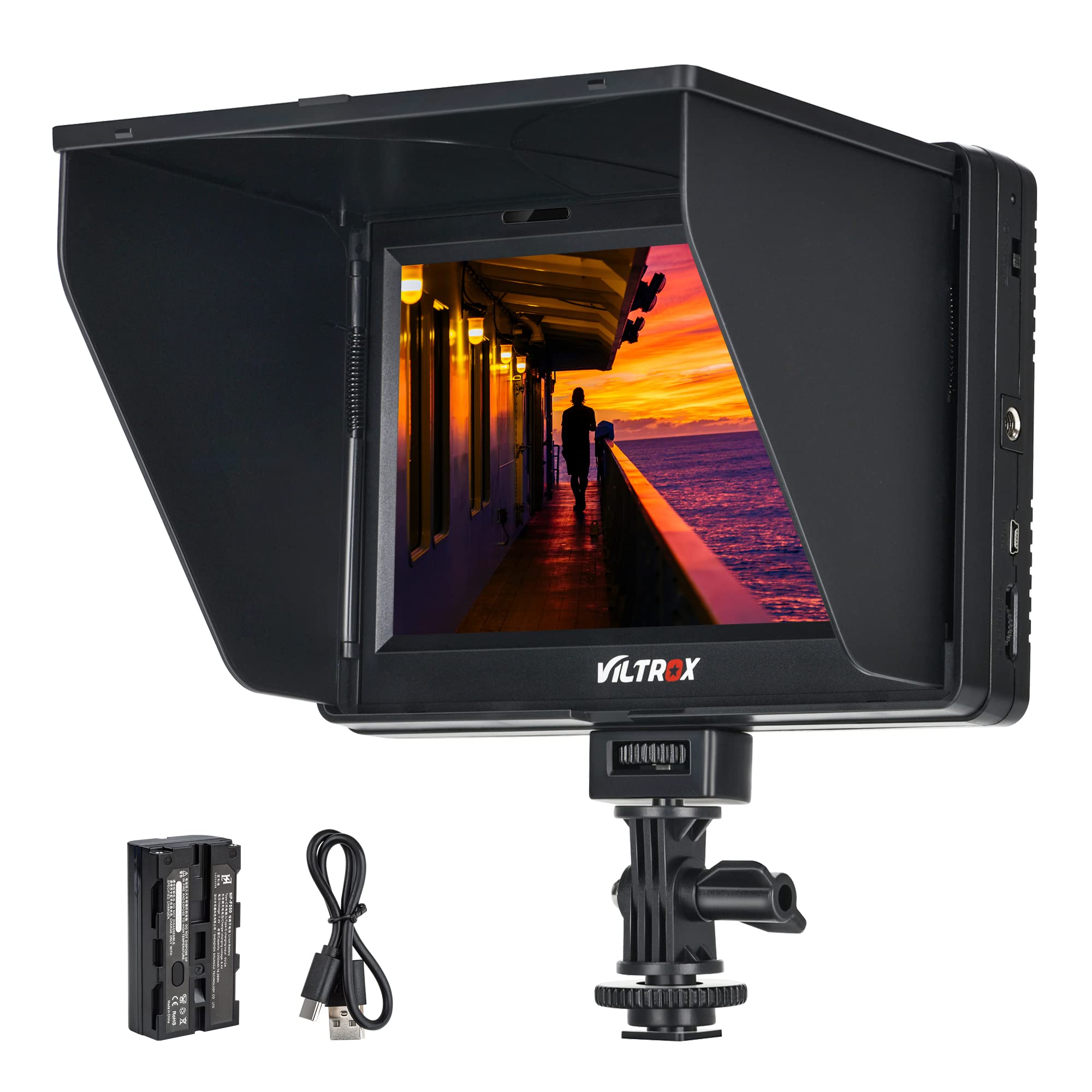 VILTROX DC-70 II 7 Inch 4K HDMI Camera Field Monitor with Peaking Focus Assist - Compatible with Canon Nikon Sony DSLR Cameras - Includes Sunshade Hood & Battery for Outdoor Photography and Videography