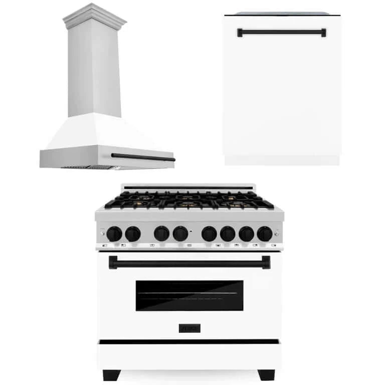 ZLINE Autograph Edition 36-inch Stainless Steel Dual Fuel Range with White Matte Door, Range Hood & Dishwasher - Matte Black Accents (3AKP RAWMRHDWM36 MB) | Premium Kitchen Package for Modern Home Chefs & Culinary Enthusiasts