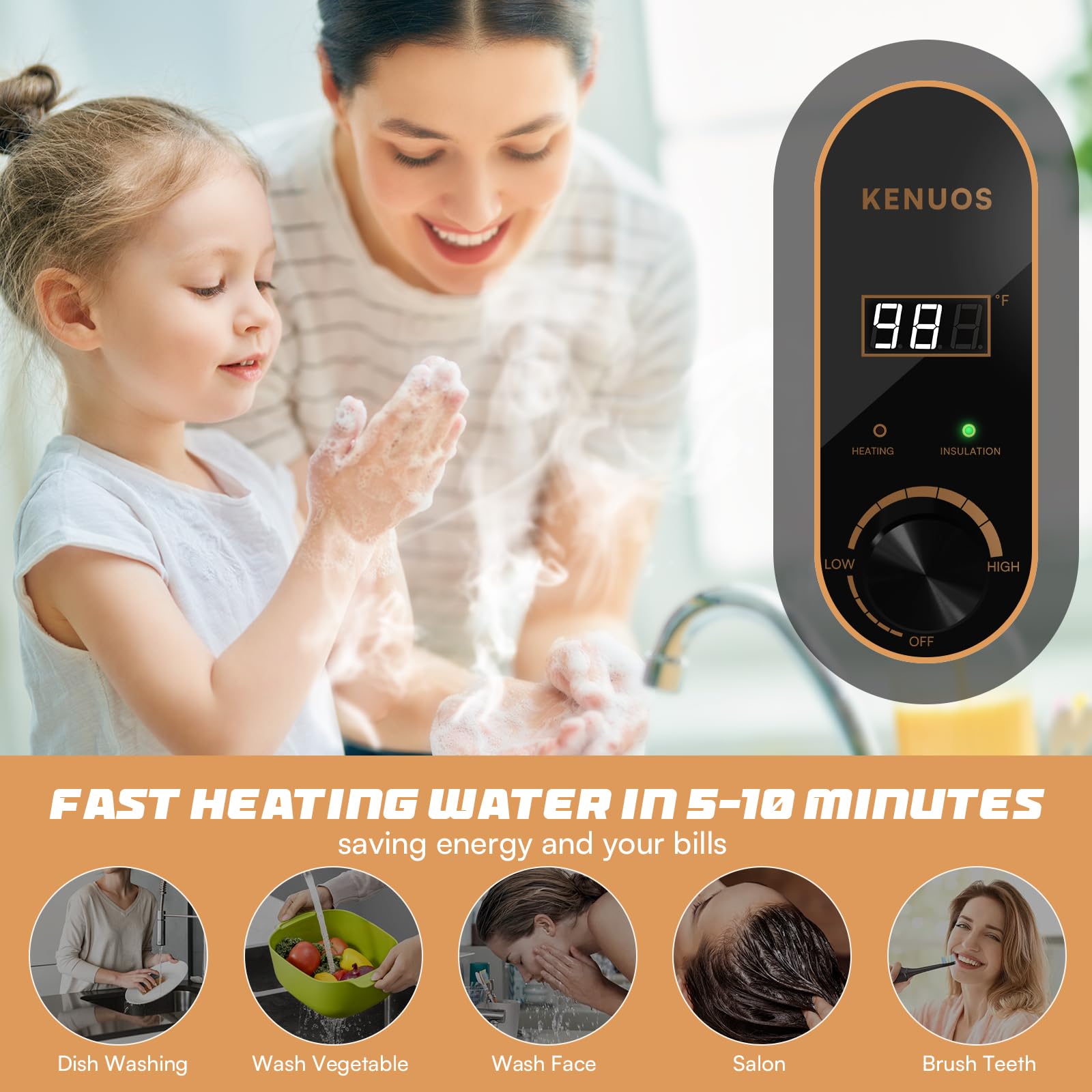 Under Sink Instant Hot Water Heater 2.5 Gallon - 120V 1500W Mini Tank Electric Water Heater with Digital Display & Pressure Release Valve (1/2