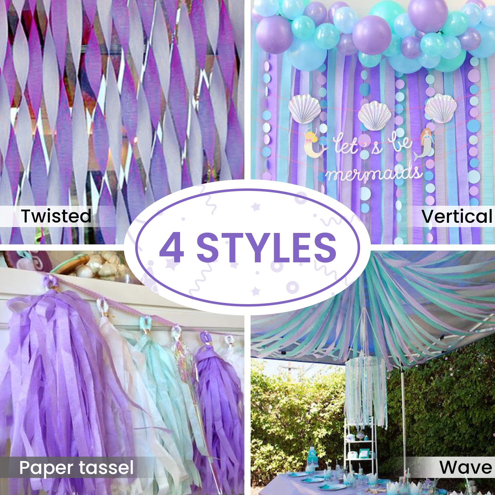 PartyWoo Crepe Paper Streamers - 6 Rolls (492ft) Peach, Purple, Light Pink & Pastel Blue Mermaid Party Decorations for Birthday, Baby Shower & Wedding Decor (1.8