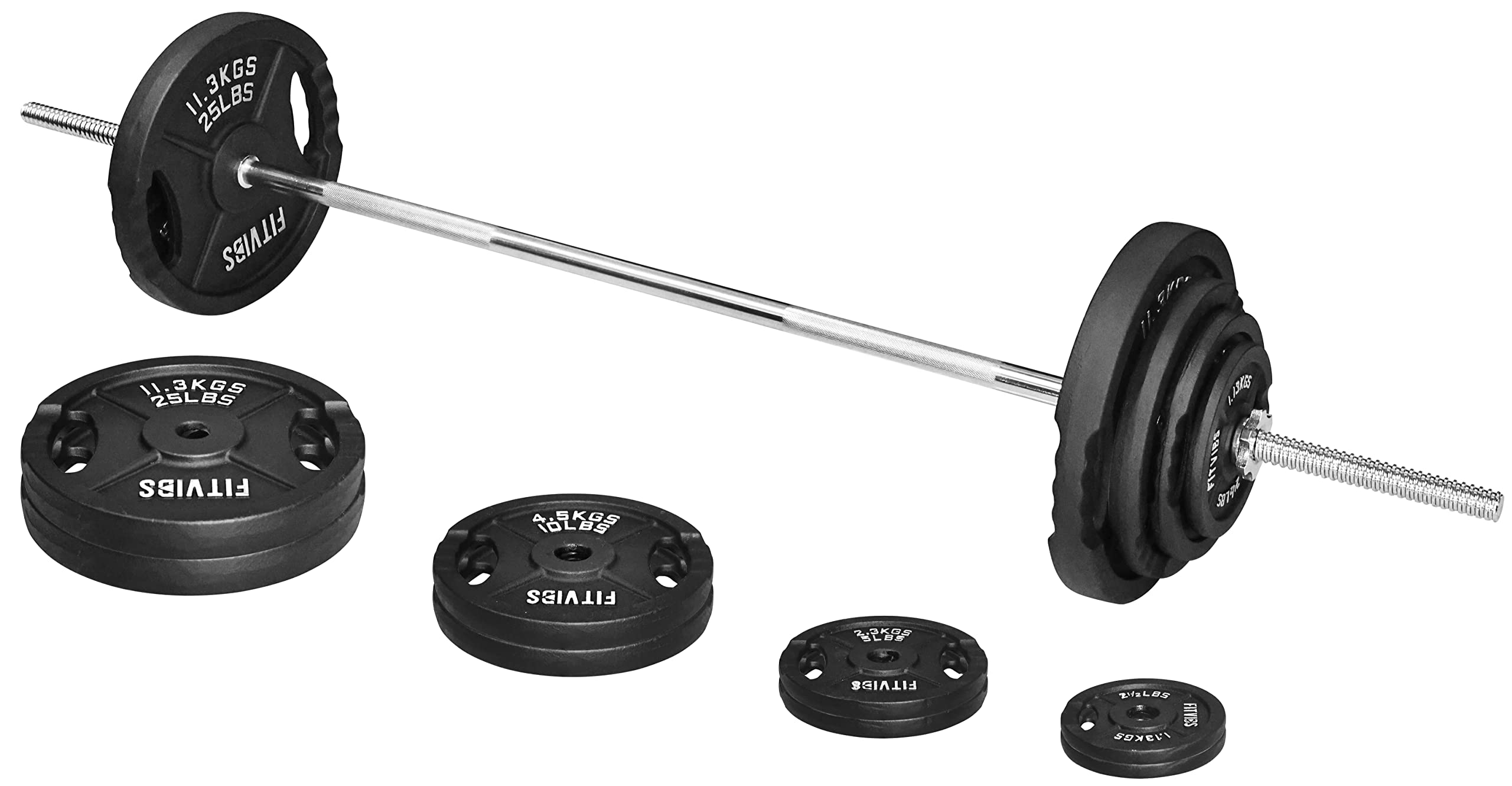 95-Pound Cast Iron Standard Weight Plate Set with 5FT Barbell & Star Locks - 85lbs Plates + 10lbs Bar for Home Gym, Strength Training & Weightlifting Workouts