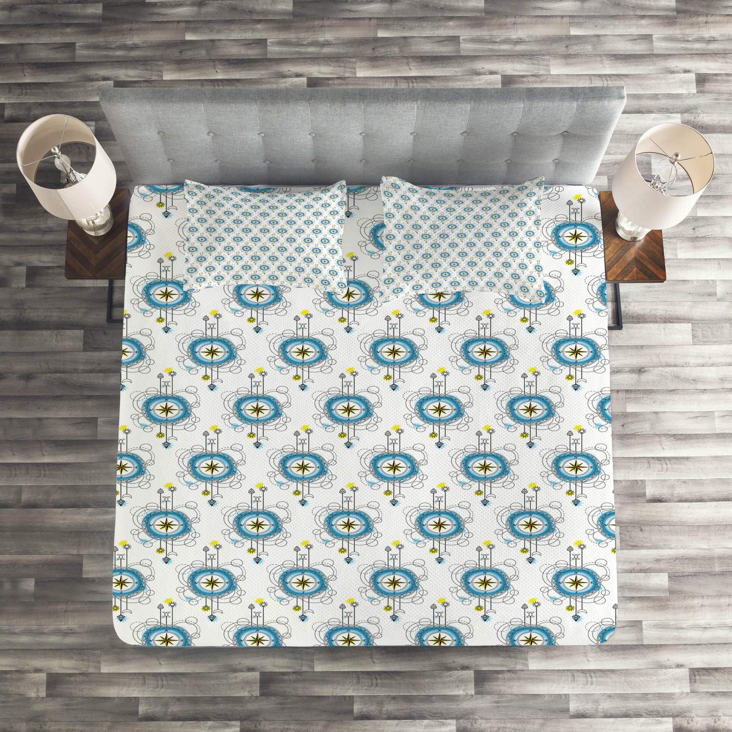 Ambesonne Tattoo-Inspired 3-Piece Quilted Bedspread Set | King Size Aquarelle Compass Windrose Design | Boho Mystic Travel Theme in Blue Black & Yellow | Includes 2 Pillow Shams | Perfect for Bohemian Bedroom Decor & Guest Room Styling