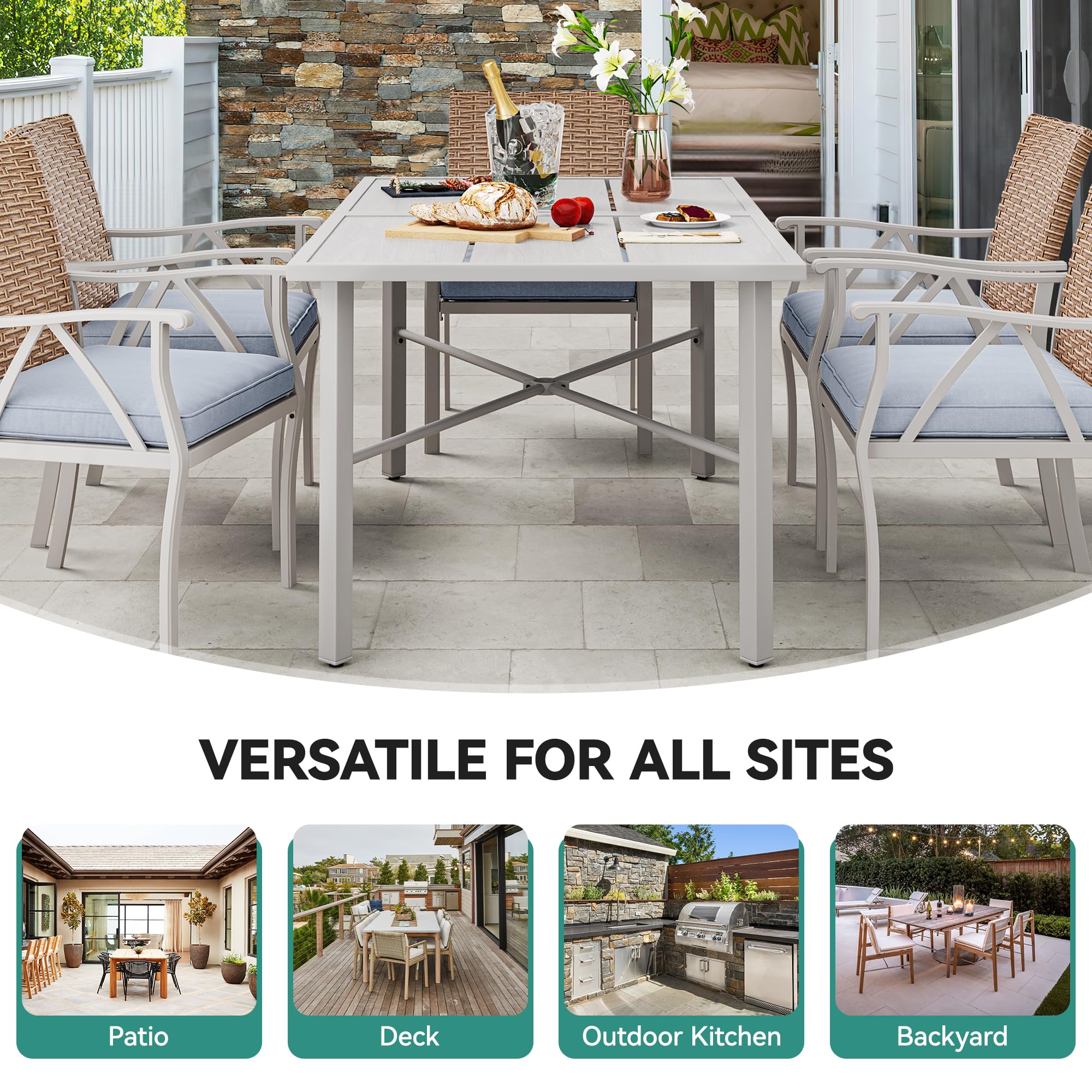 YITAHOME 59 Inch Rectangular Outdoor Patio Dining Table for 6 Person - Weather-Resistant Gray Iron Frame with 2 Inch Umbrella Hole - Perfect for Backyard, Garden, Lawn, and Poolside Dining