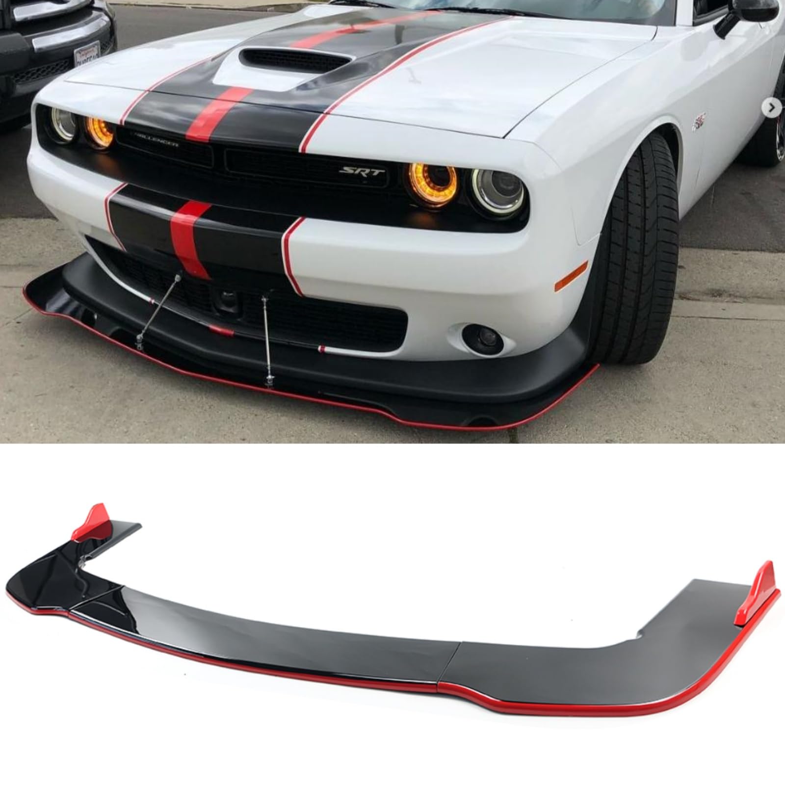 Glossy Black & Red Line Front Lip Splitter Spoiler Kit for Dodge Challenger SXT/SRT/Hellcat (2012-2022) - 3PC Bumper Lip Set - Aggressive Styling & Street Performance Upgrade
