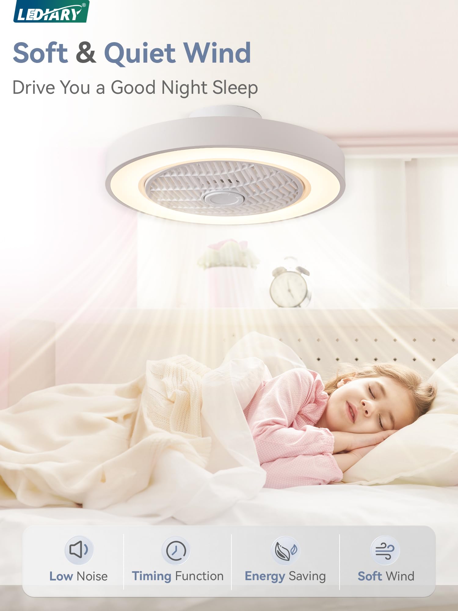 LEDIARY 20 Inch Low Profile Ceiling Fan With Light - Remote Control LED Bladeless Flush Mount Fan, 3000-6000K Color Temperature, 6 Speed Settings, 3000LM Brightness, 57W Energy Efficient (White) - Perfect for Bedroom, Living Room, and Office Spaces