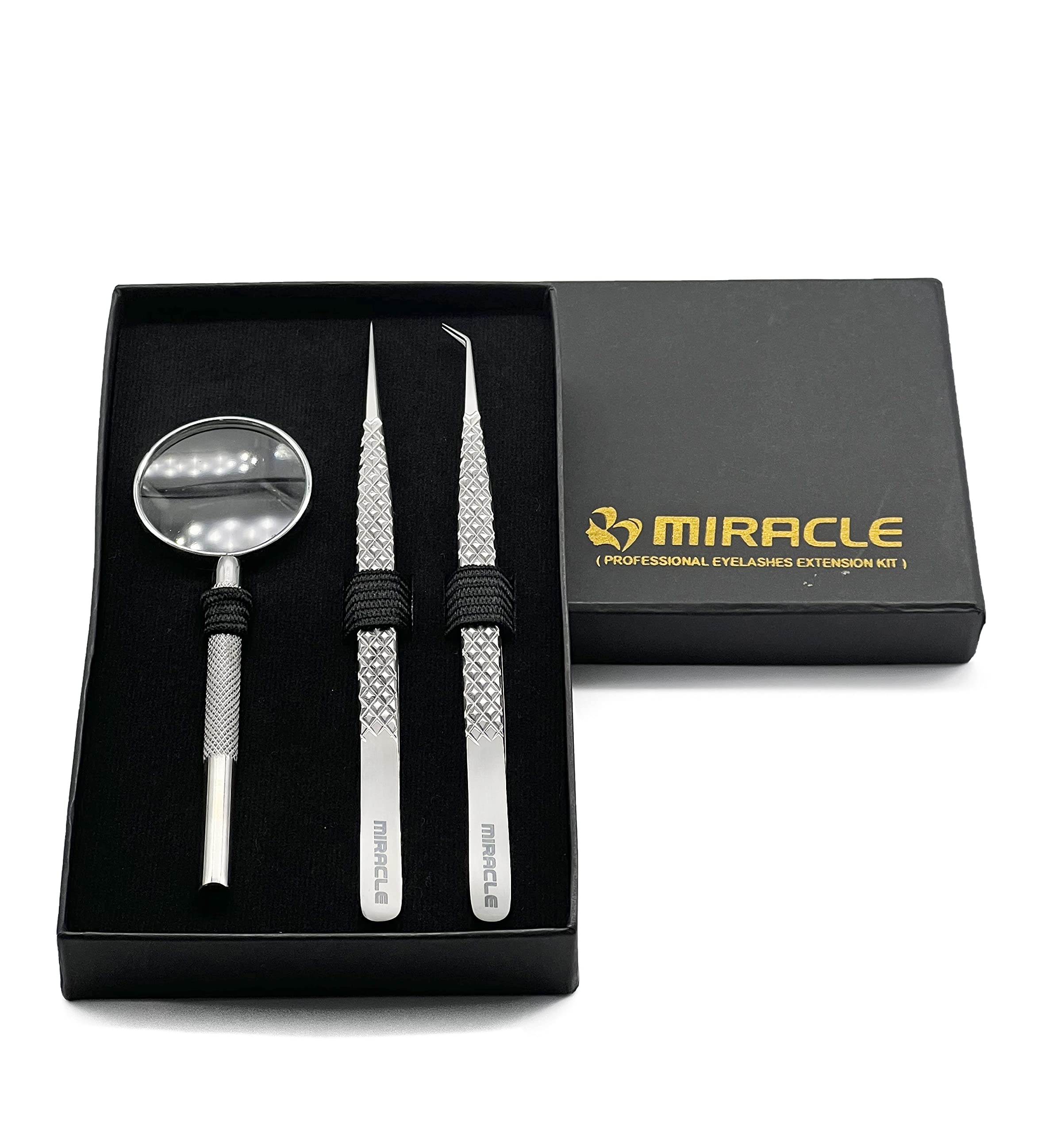 Professional Eyelash Tweezers Set with Magnifier Glass – Premium Stainless Steel Straight & Curved Precision Tip Tweezers for Lash Extensions, False Eyelashes & Eyebrow Shaping | Perfect for Salon Professionals & DIY Beauty Enthusiasts | MIRACLE Beauty Tools