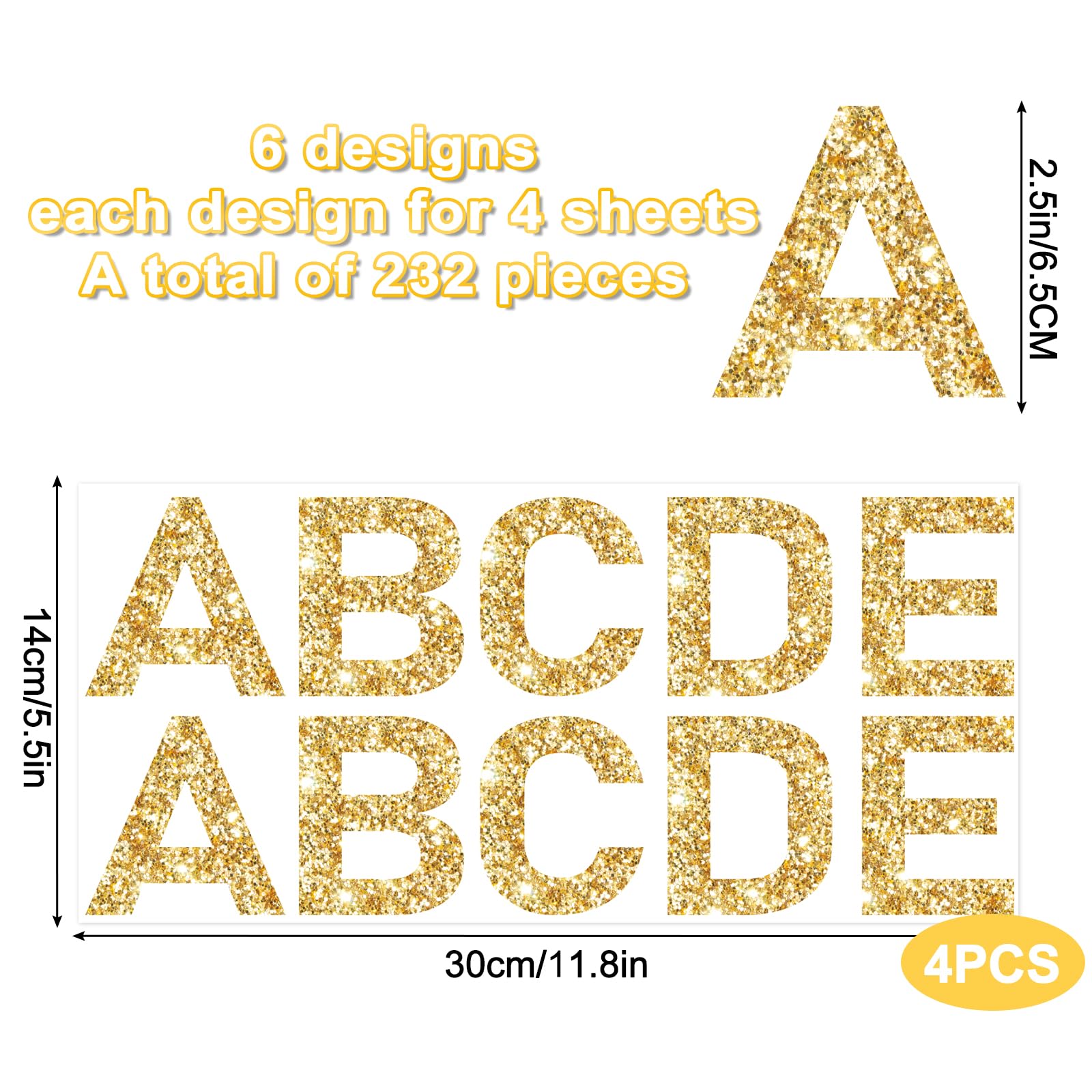 Whaline 232Pcs Gold Glitter Bulletin Board Letter Stickers - 2.5 Inch Self-Adhesive Alphabet Decals, Capital Letters & Symbols for Classroom Decor, Posters, DIY Projects, Party Signs & Wall Art (24 Sheets)