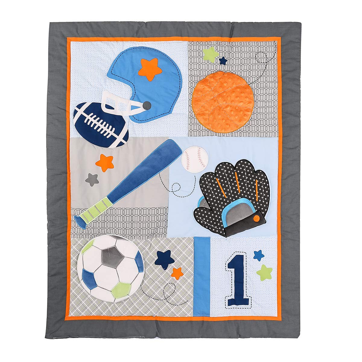 4-Piece Blue Sports Theme Baby Crib Bedding Set - Quilt, Fitted Sheet, Skirt & Valance for Boys with Baseball & Soccer Embroidery | Nursery Decor for Baseball & Soccer Lovers