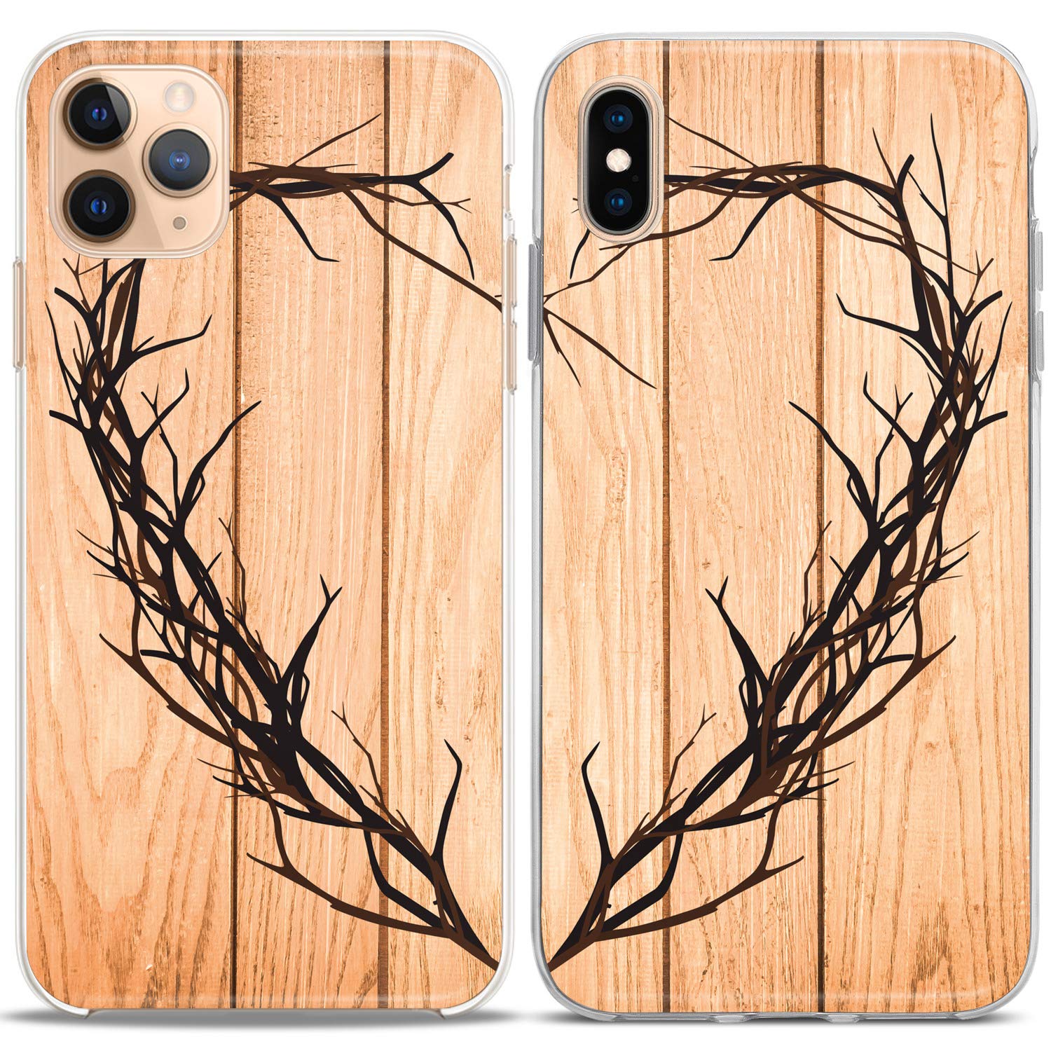 Matching Couple Phone Cases Compatible with iPhone 16/15/14/13/12/11 Pro Max/Mini/XS/X/8 Plus/7+/XR/10/SE/5 - Wood Texture Heart Tree Branch Design Cute Silicone Cover for Anniversary Gifts, Couples & Friends - Perfect for Valentine's Day, Wedding Gifts & Relationship Milestones