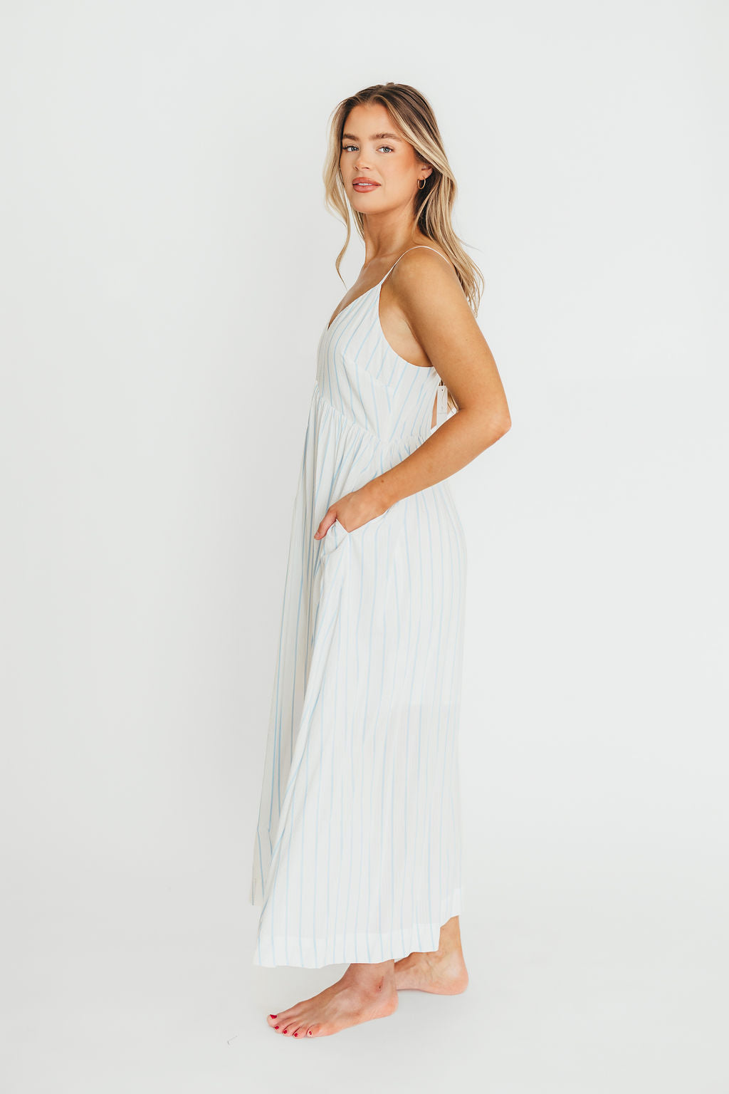 Genesis Stripe Midi Dress - White & Blue Floral Summer Dress for Women | Beach Wedding, Party & Casual Wear