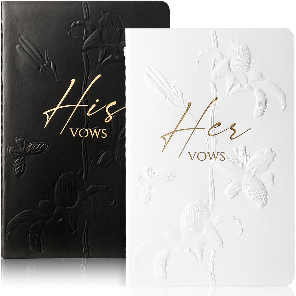 Molekaus Wedding Vow Books Set of 2 - His & Hers Vow Notebooks for Bride and Groom, 28 Pages 5.5x3.5 Inch with Gilded Font (White & Black) - Perfect for Wedding Ceremonies, Anniversary Gifts, and Couple Keepsakes