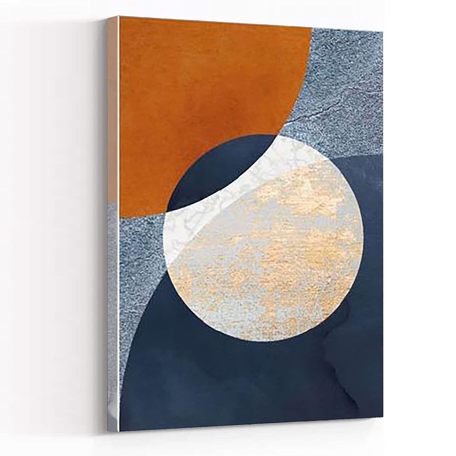 Modern Abstract Geometric Wall Art - Navy Blue, Orange & Gold Textured Circle Canvas Prints - 12''x18'' Framed Gallery Wall Decor for Kitchen, Bathroom & Living Room - Perfect for Home & Office Interior Design