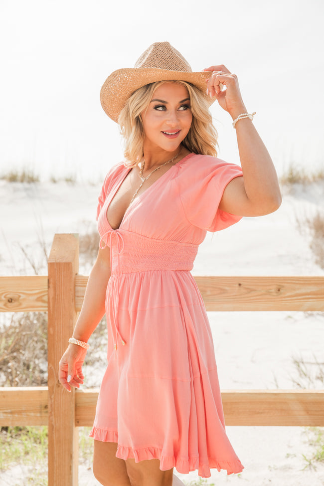 Urban Cowgirl Coral V-Neck Smocked Dress - Women's Floral Summer Maxi Dress for Beach, Vacation & Outdoor Events | FINAL SALE