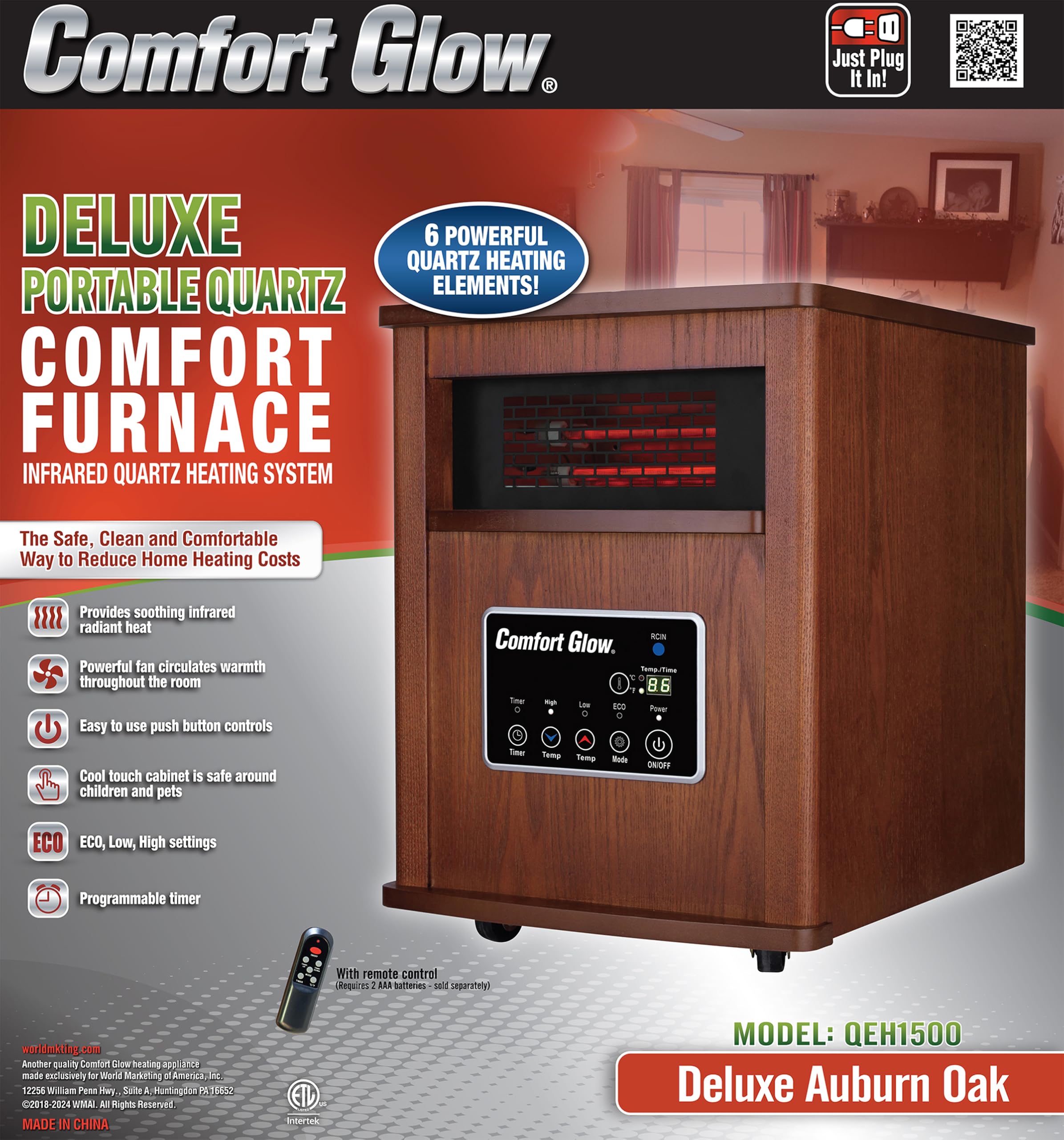 Comfort Glow Infrared Quartz Heater - 6-Element 5120 BTU Indoor Space Heater with Thermostat, Remote Control, Cool-Touch Surface, Overheat & Tip-Over Protection - Auburn Oak Finish for Living Room, Bedroom, Office & Garage Heating