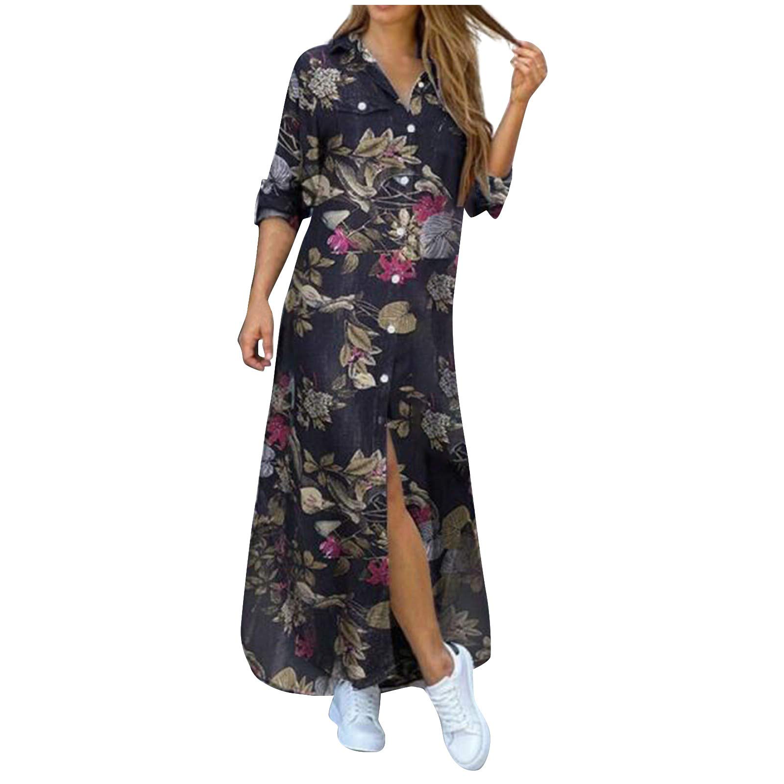 Women's Button Down Long Sleeve Shirt Dress - Loose Fitted Maxi Dress with Pockets | Casual Flowy Dress for Everyday Wear, Office, Date Night & Spring/Summer Outfits