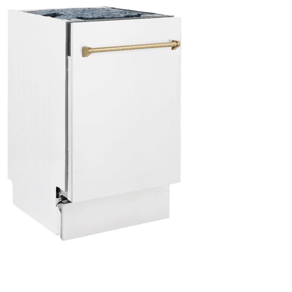 ZLINE Autograph Edition 18-Inch Compact Dishwasher with 3rd Rack - White Matte Finish & Champagne Bronze Handle, Ultra Quiet 51dBa (DWVZ WM 18 CB) - Perfect for Small Kitchens, Apartments, and RVs