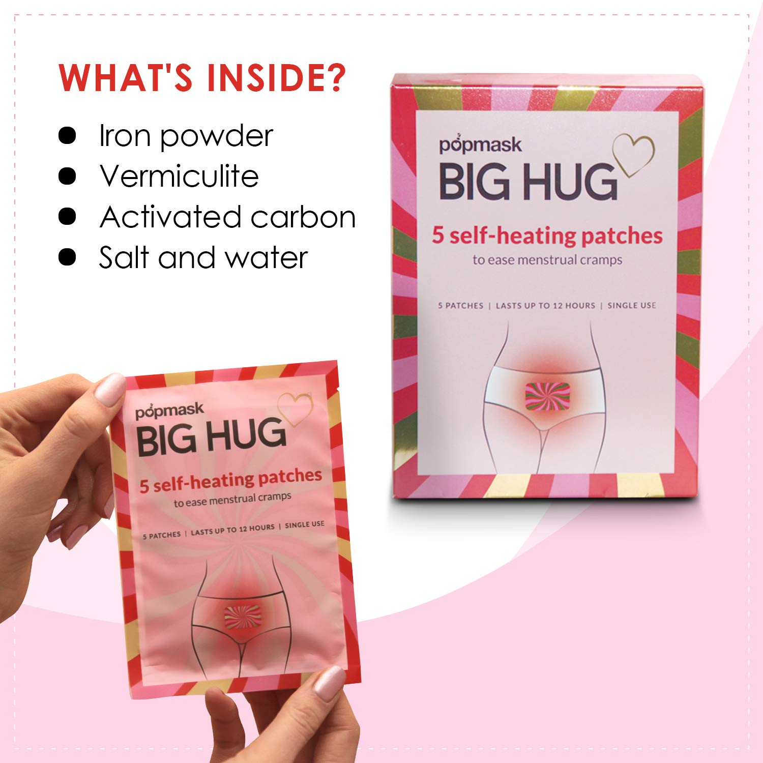 POPBAND Big Hug Heating Patches for PMS & Menstrual Cramp Relief - Soothing Warmth for Period Pain, Back Pain & Muscle Discomfort - Perfect for Work, Travel & Home Use