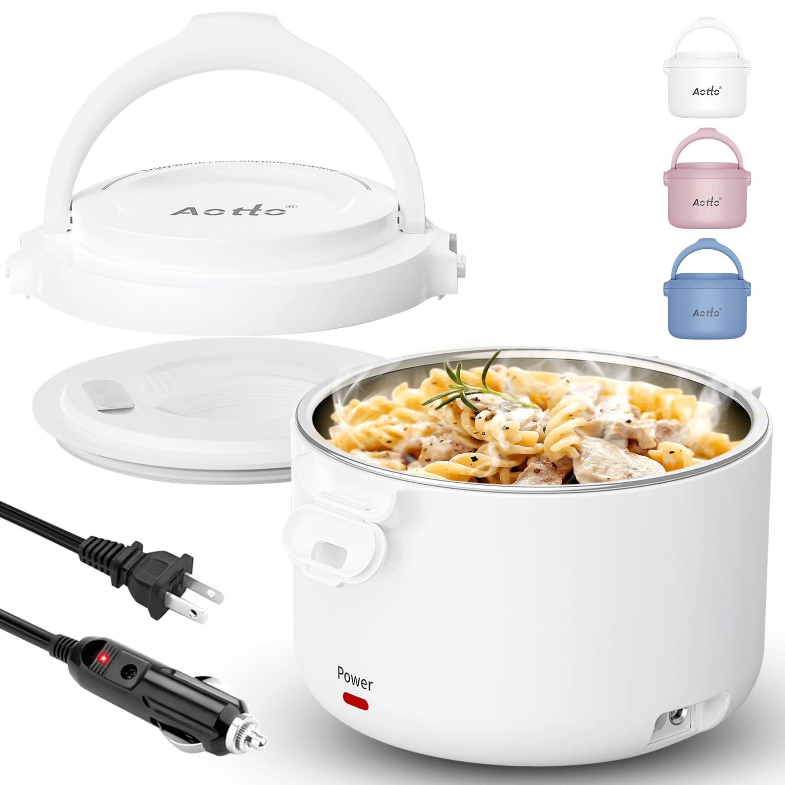Aotto 32oz Electric Lunch Box - Portable Food Warmer for Office, Car & Travel - 12V/24V/110V 3-in-1 Heater - Keeps Meals & Soup Hot - Spill-Proof Design - Perfect Gift for Men & Women (White) - Ideal for Commuting, Road Trips & Workplace Lunch Breaks