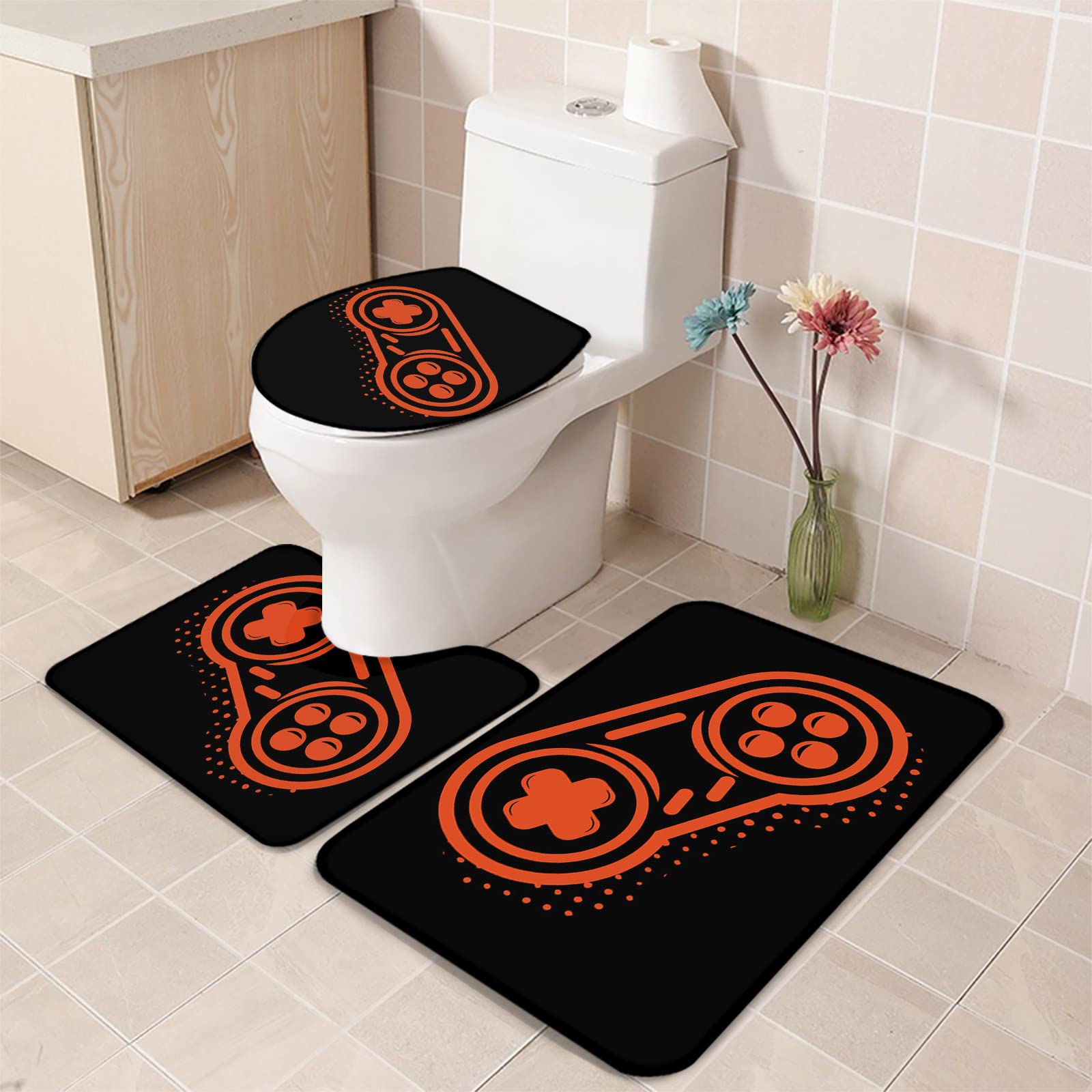 3-Piece Video Game Themed Bathroom Rug Set - Non-Slip Contour Mats with Colorful Gaming Art for Toilet, Shower & Tub - Absorbent Bath Mats for Gamers' Bathroom Decor (Ideal for Gaming Rooms & Kids' Bathrooms)