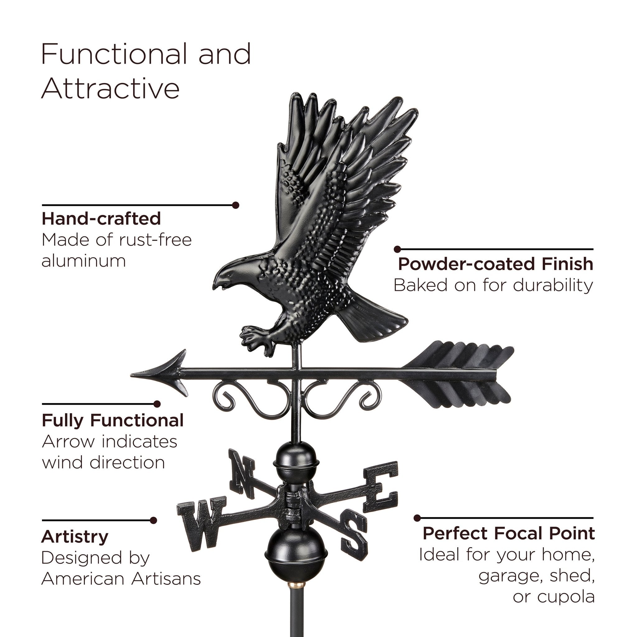 26 Square Manchester Vinyl Cupola with Black Aluminum Roof & Eagle Weathervane - Classic Barn Cupola for Farmhouse, Shed, or Garage Roof Decoration