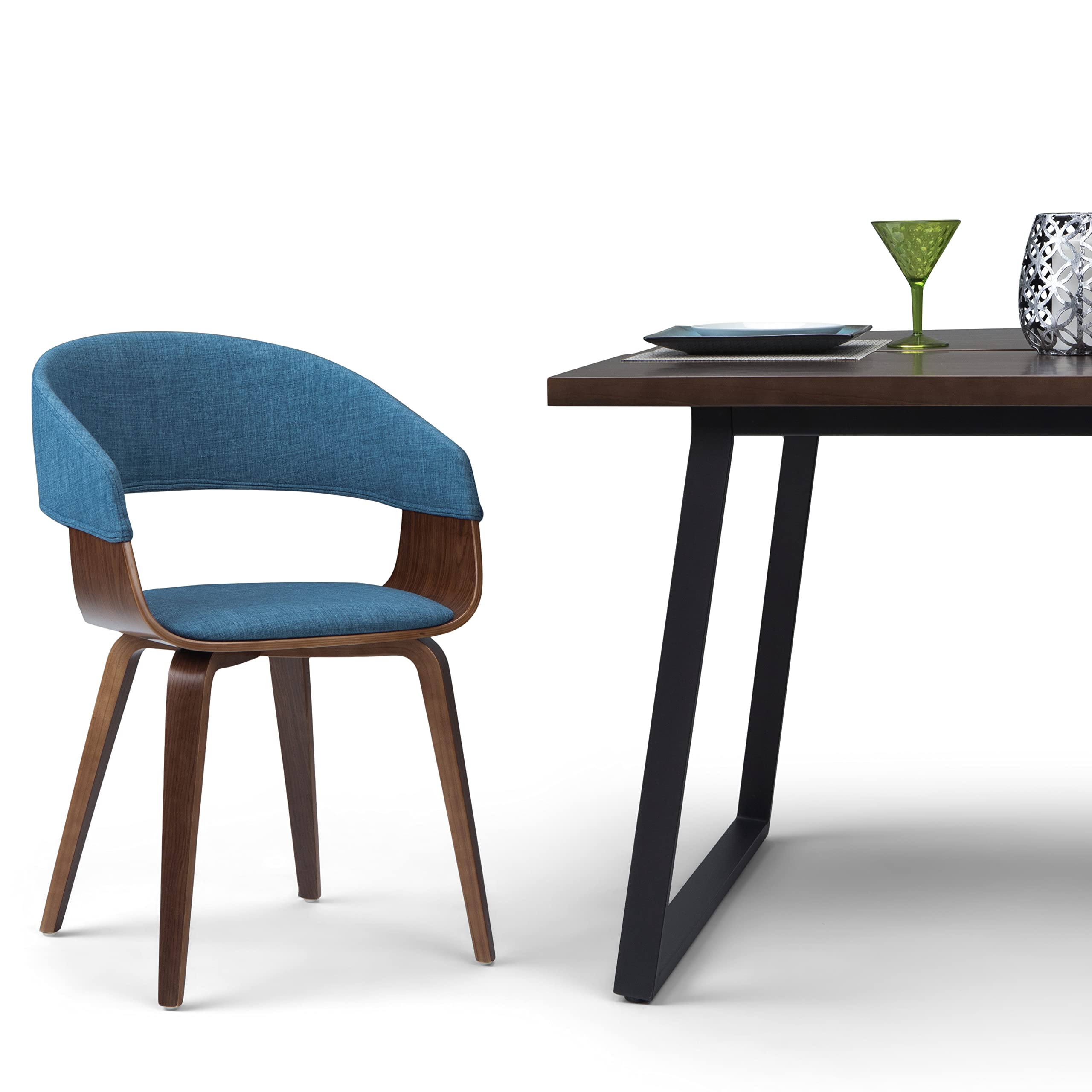 SIMPLIHOME Lowell Dining Chair - Blue Linen Fabric Upholstered, Bentwood Frame with Walnut Finish, 21.1