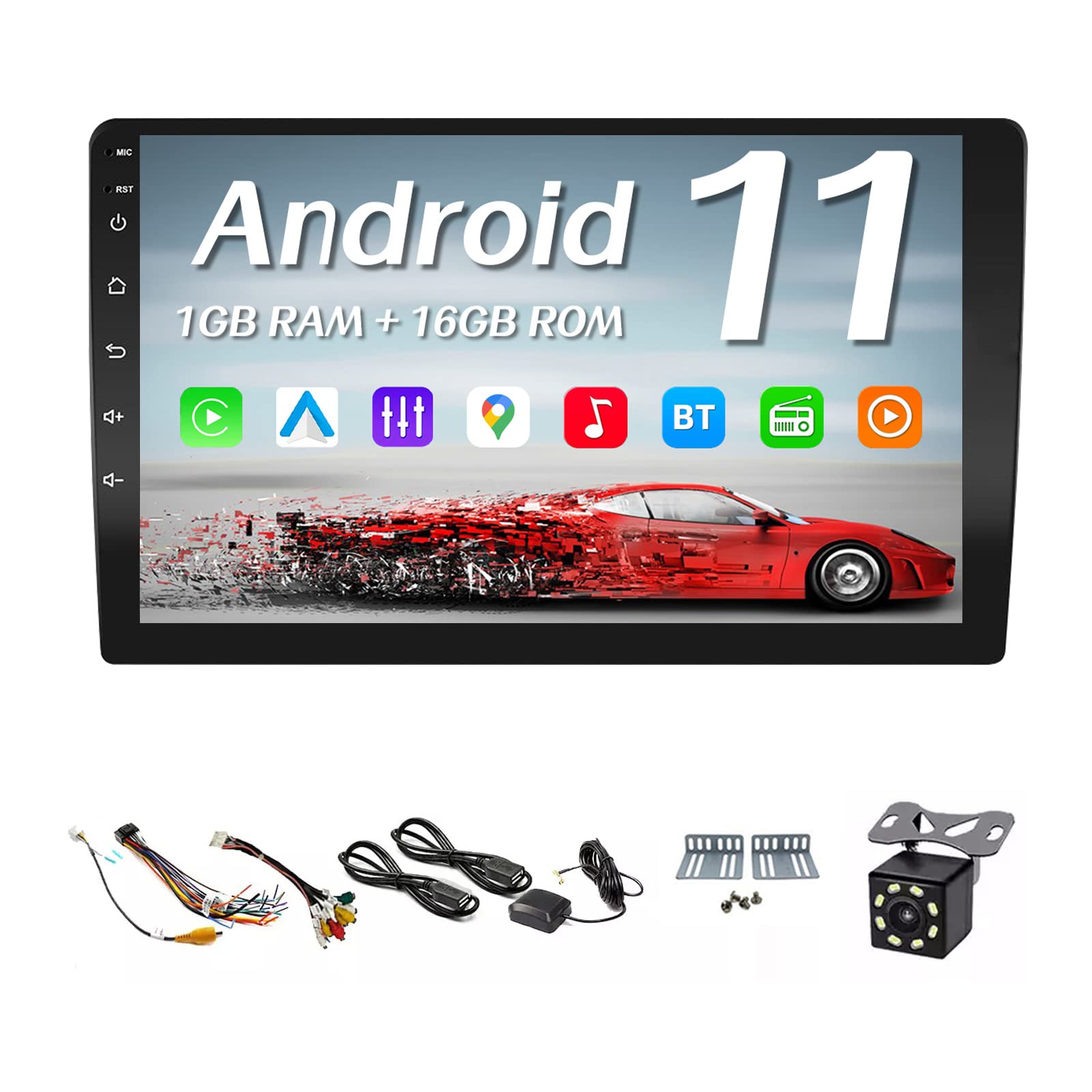 10 Inch Double Din Car Stereo with Apple CarPlay & Android Auto - Capacitive Touch Screen, GPS Navigation, WiFi, FM/RDS Radio, 1+16GB Memory - Perfect for Road Trips & Daily Commuting with Backup Camera Support