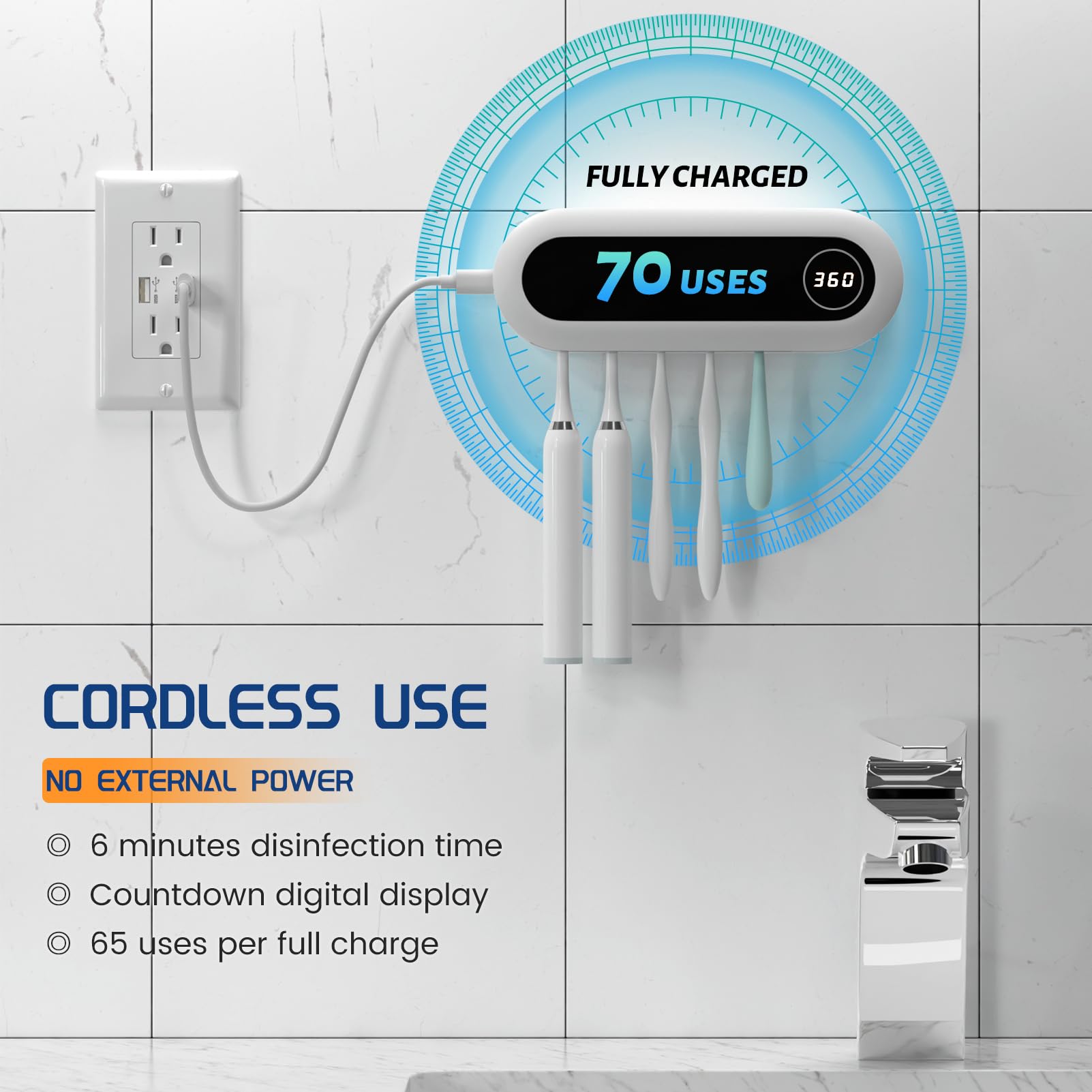 MIMORE Cordless Wall Mounted Toothbrush Holder with 5 Slots & Built-in Timer - Bathroom Organizer for Family Oral Care & Travel Essentials