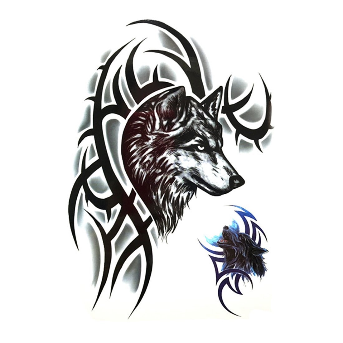Waterproof 3D Temporary Tattoo Sticker - Realistic Black Wolf Face Design (8.3x6 inches) | Long Lasting Fake Tattoos for Halloween, Cosplay & Festival Body Art