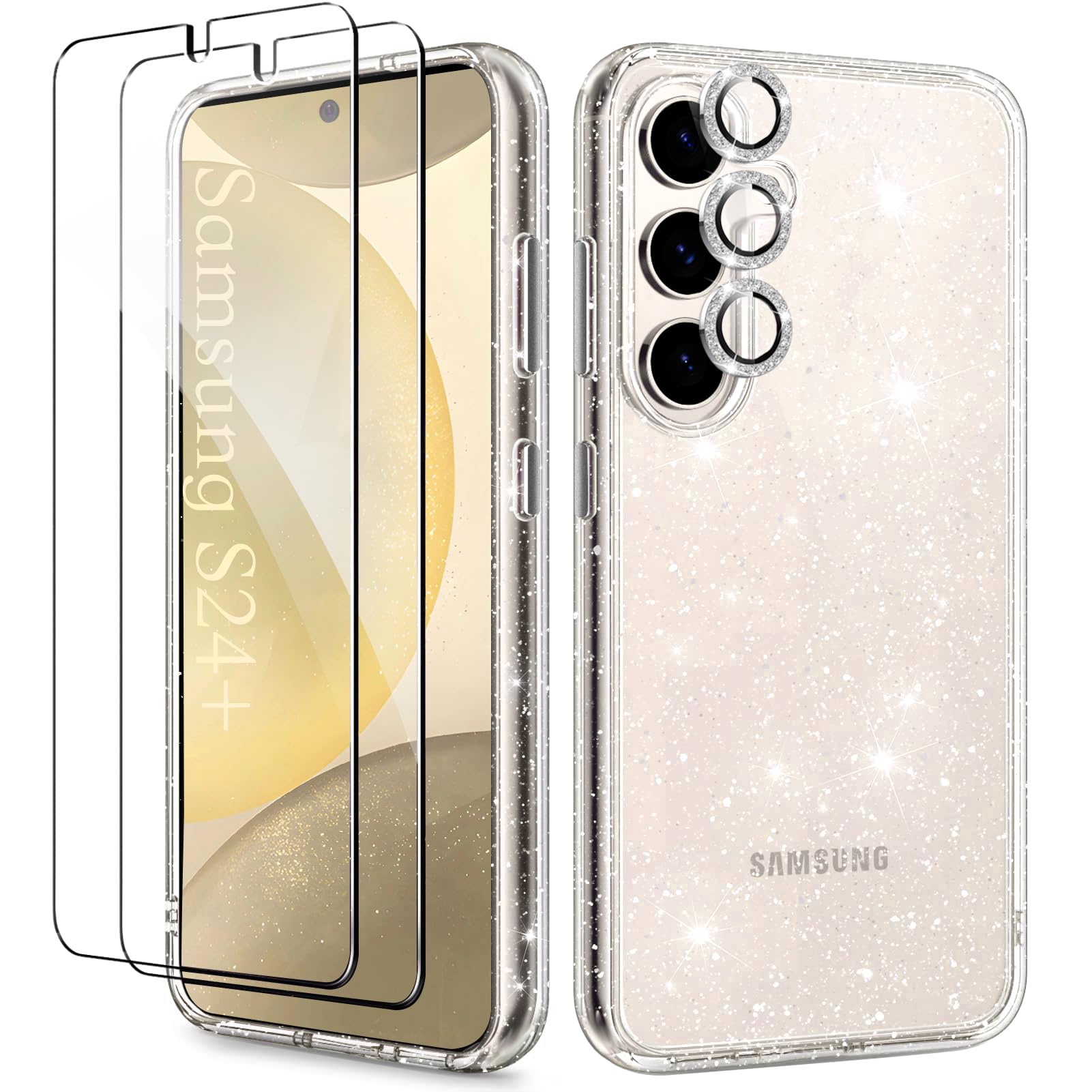 Glitter Clear Shockproof Phone Case for Samsung Galaxy S24 Plus 5G with Diamond Camera Lens Protector + 2 Pack Tempered Glass Screen Protector | Sparkly Protective Cover for Women | Perfect for Daily Use, Parties & Gift Giving