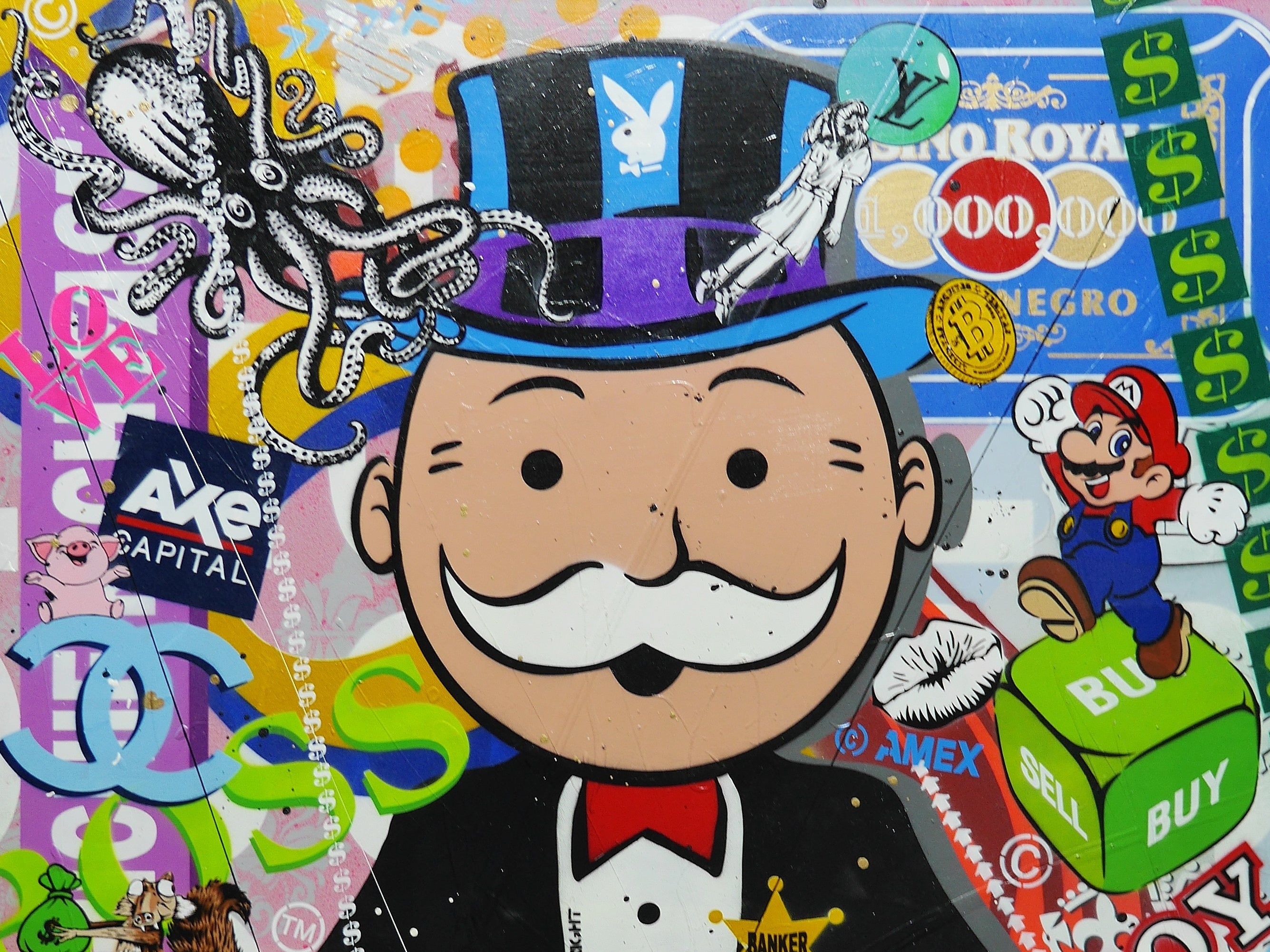 100cm x 140cm Monopoly Man Textured Urban Pop Art Spray Paint Canvas - Modern Wall Decor for Living Room, Office & Game Room
