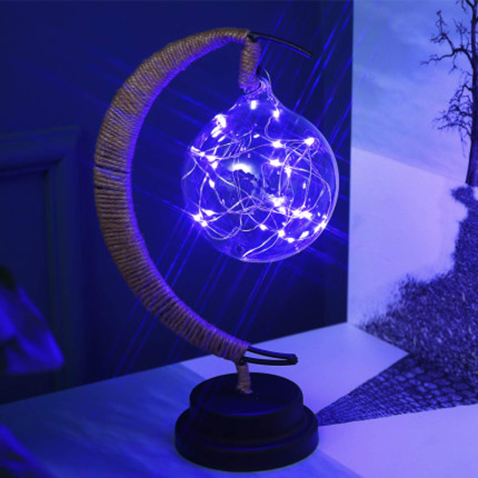 PONPRNGY Enchanted Lunar Lamp - 3D Moon Night Light with Galaxy Projection, Handmade Wrought Iron Table Lamp & Hanging Decor | Perfect for Bedroom, Nursery, Christmas Gifts & Home Decor (Blue)