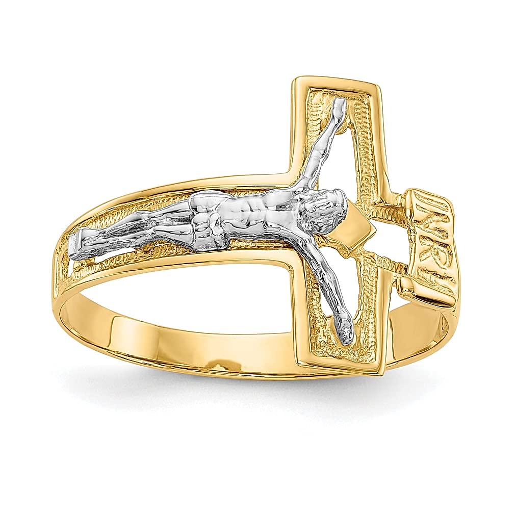 14K Two-Tone Jesus Christ Crucifix Holy Cross Men's Ring - Religious Jewelry for Men, Gifts for Dad, Husband & Him - Perfect for Church, Baptism, Confirmation & Daily Wear