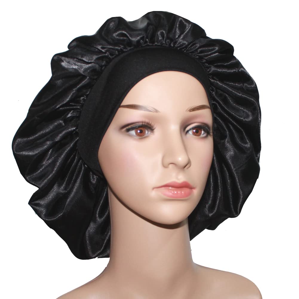 VEYRNEIC Satin Sleep Bonnet for Women - Wide Elastic Band Silk Night Cap for Braids, Natural Hair & Chemo - Includes Satin Storage Bag (Black) | Perfect for Sleeping, Showering & Hair Protection