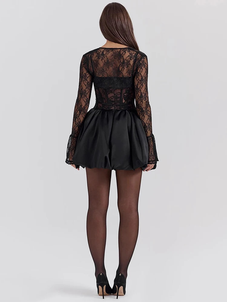 Sexy Black Lace Puffball Mini Dress for Women - Long Flare Sleeve Sheer Club Party Dress with Lace Up & High Waist | Perfect for Night Out, Date Night, and Special Occasions