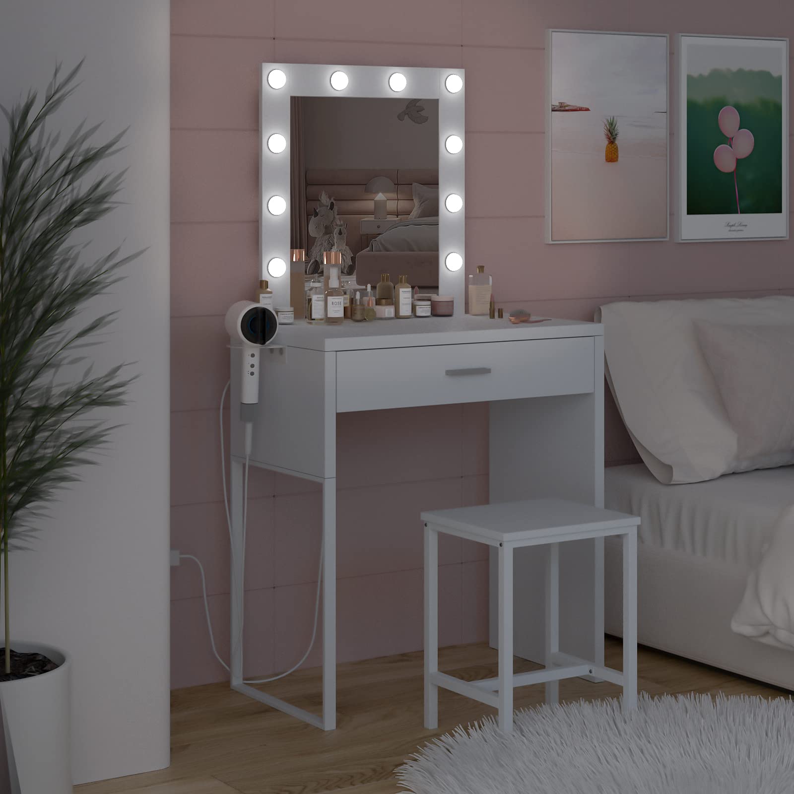 White Makeup Vanity Desk with LED Lights & Mirror - Adjustable Brightness Vanity Table & Chair Set for Girls' Bedroom | Perfect for Beauty Routine, Dressing Area & Small Space Decor